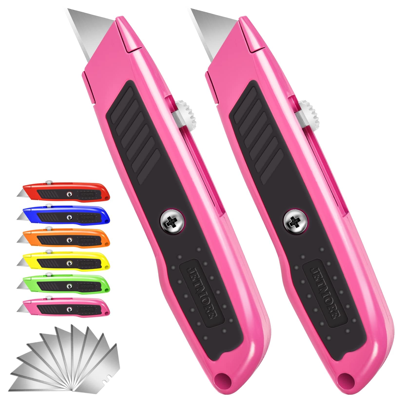 Box Cutter, 2 Pack Pink Utility Knife, Durable Razor Knife, Box Opener with 10 SK5 Blades, Exacto Knife, Cardboard Cutter, Box Cutter Retractable, Perfect Package Opener for Home, Office
