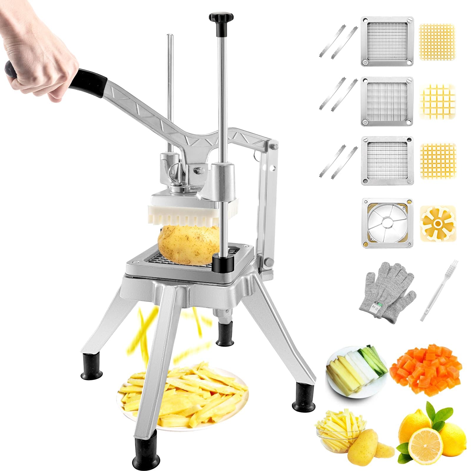 Commercial Vegetable Chopper w/ 4 Replacement Blades, Stainless Steel French Fry Cutter Potato Dicer & Fruit Slicer for Restaurants & Home Kitchen