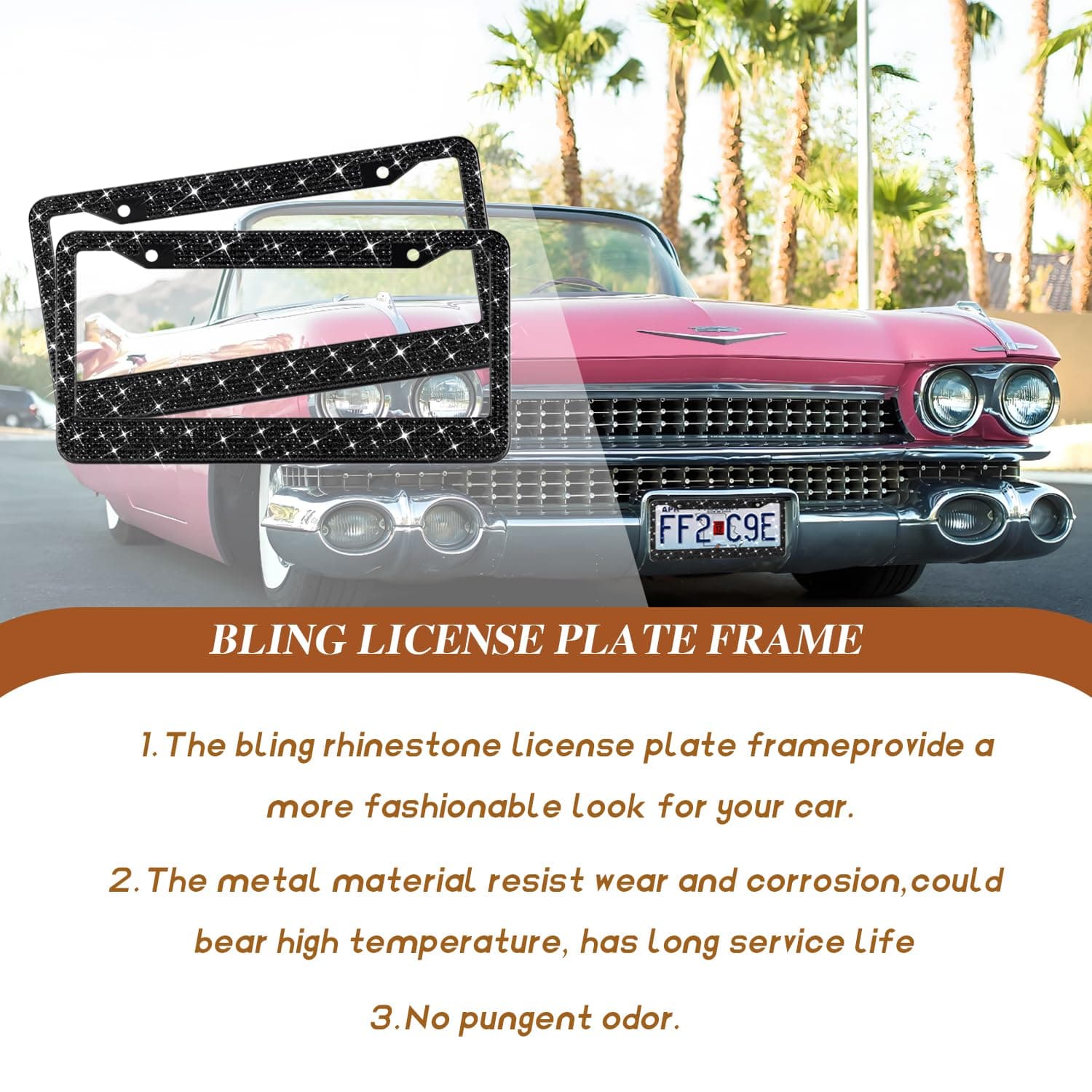 EWBN Bling License Plate Frame for Women, 2 Pack Premium Stainless Steel Diam...