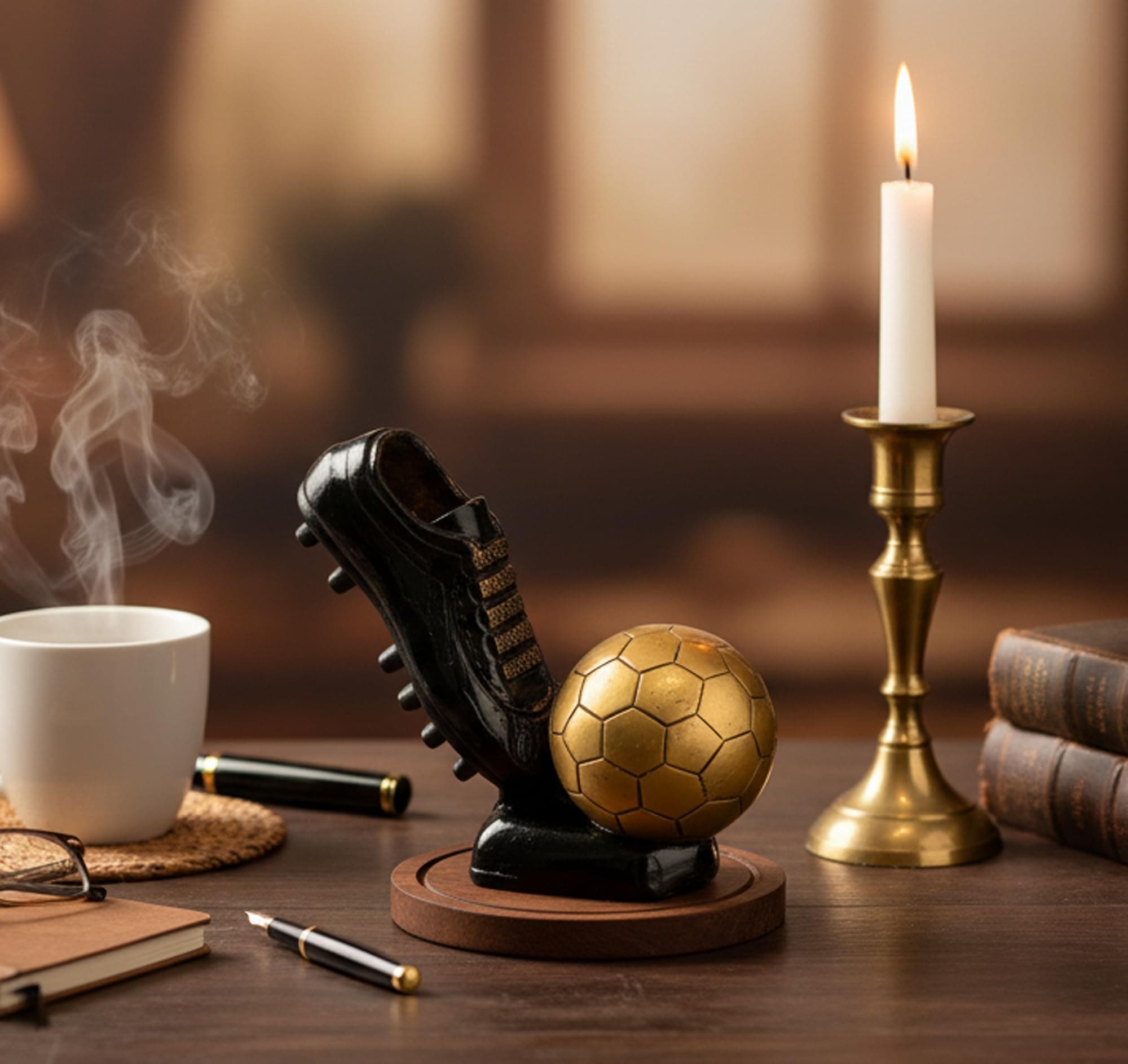 Brass Decorative Soccer Ball and Shoe Showpiece | Home Decor | Brass Sculpture | World Cup Golden Boot Trophy Look-Alike | European Golden Shoe Look-Alike