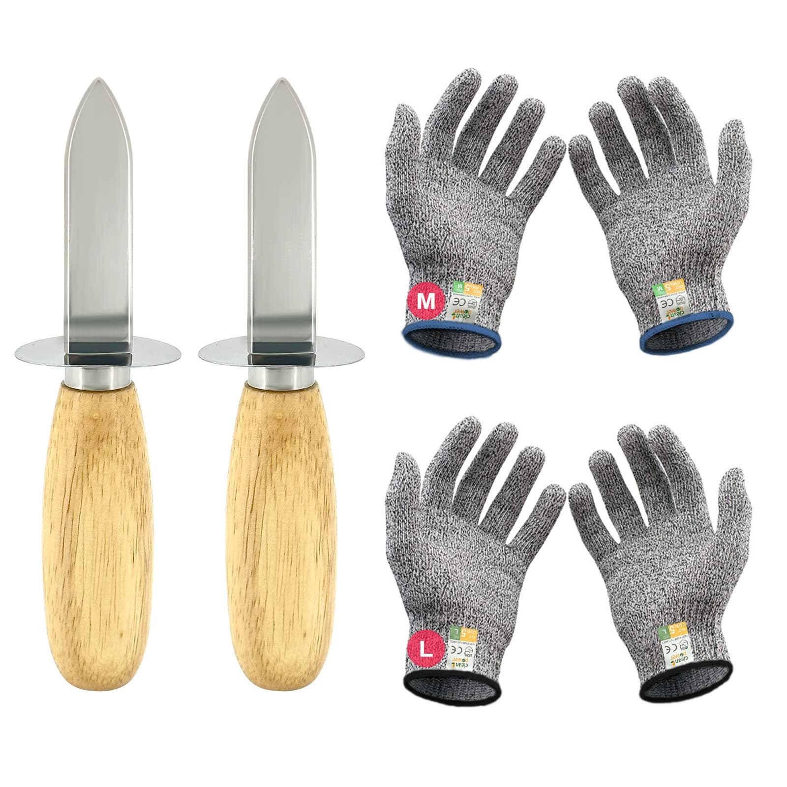 Oyster Shucking Knife Set of 2 Stainless Steel Oyster Knifes and 2 Pairs Level 5 Cut-Resistant Gloves,Oyster Knives Suitable for All Kinds of Shells and Oysters Shucking