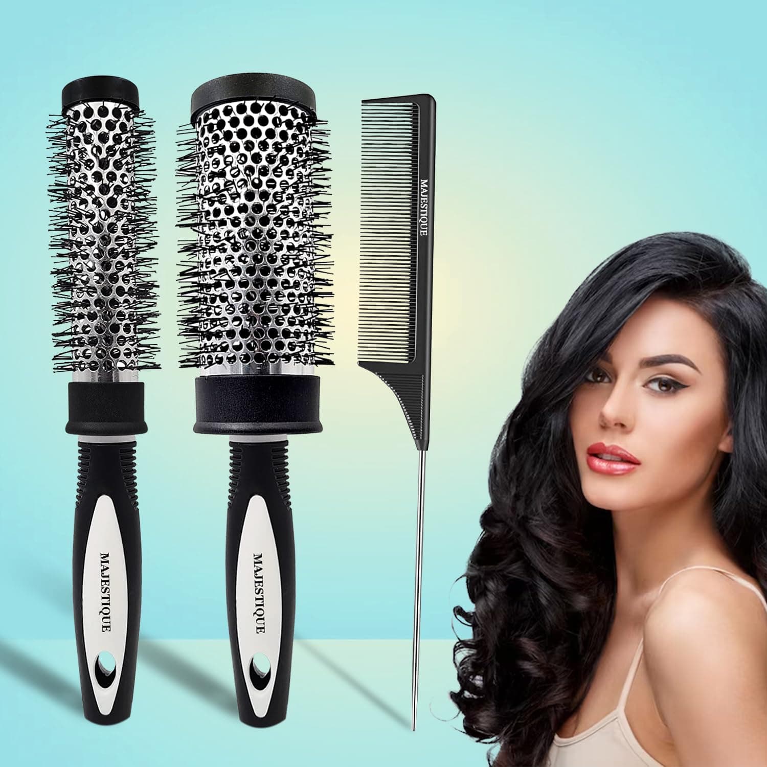 Majestique Professional Blow Drying Hair Brush | Round Brush and Tail Comb for Blow Drying | Includes 2 Sizes Compatible with Most Blow Dryers - Pack of 3