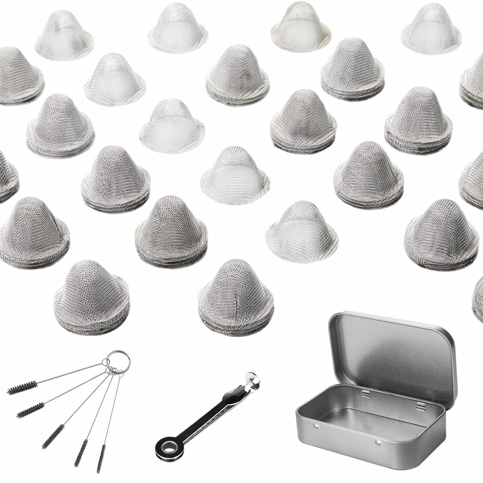 YEYIXI 60 Pieces 1/2 Inch Stainless Steel Mesh Clean Screens with Tapered Design, 0.5 Inch Size, Along with a 3-in-1 Cleaning Tool, Brush, and Stainless Steel Storage Box