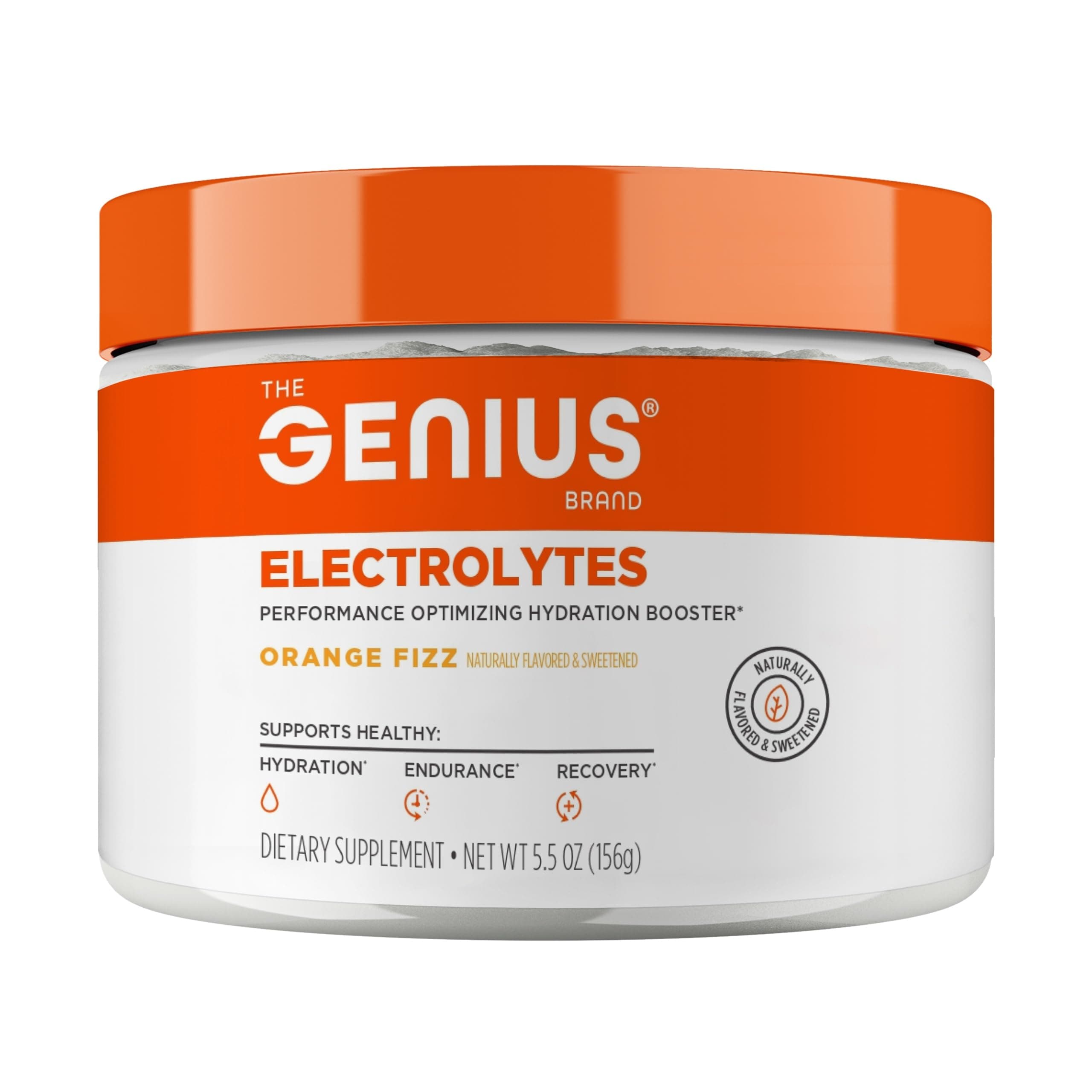 Genius Electrolytes Powder Drink Mix, Orange Fizz, 30 Servings - Natural Hydration Booster & Endurance Supplement with Potassium, Magnesium & Zinc - Sugar Free & No Artificial Sweeteners or Dyes