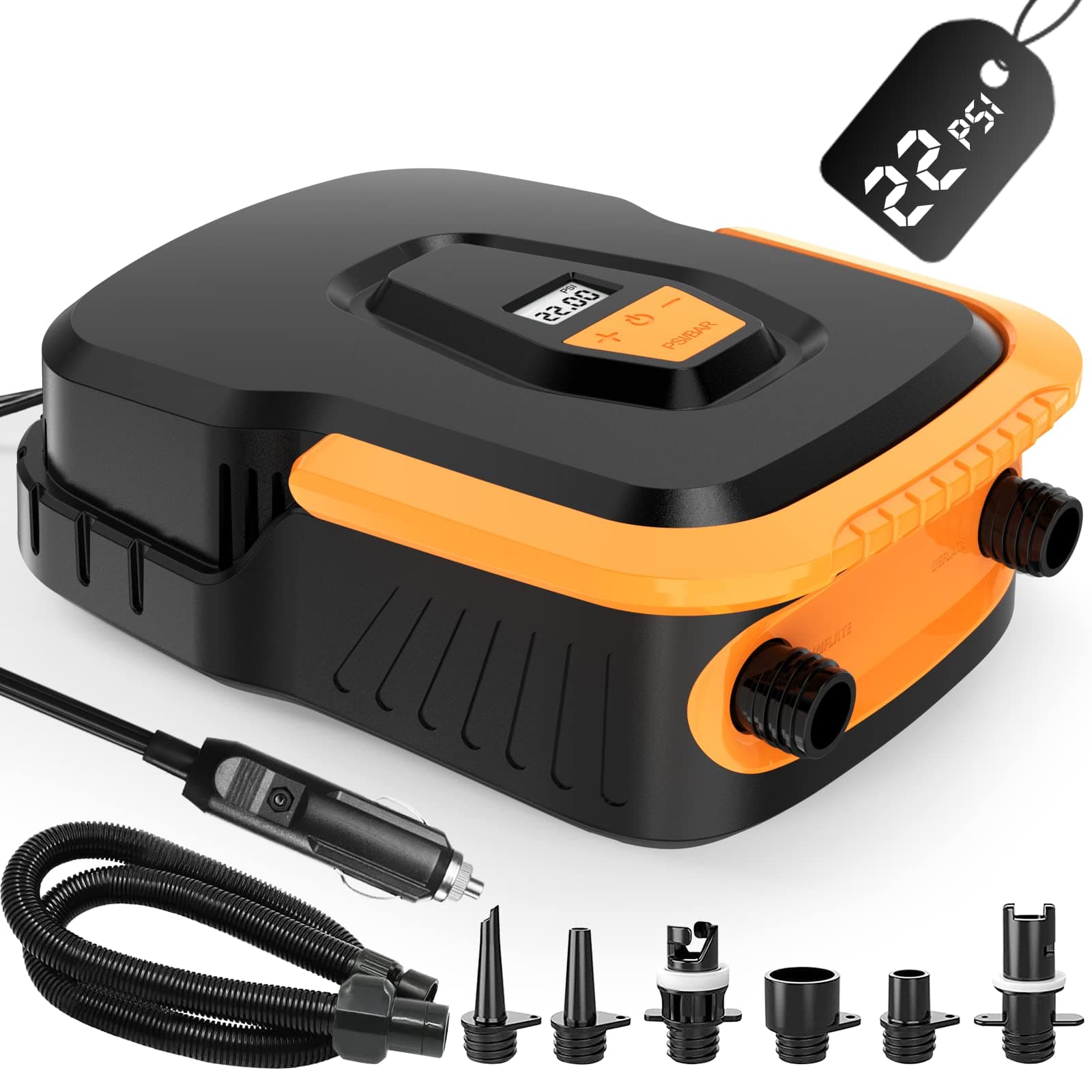 Sup Pump, Paddle Board Pump, 22PSI Digital Electric SUP Pump with LCD, Auto-Off, Electric Inflator/Deflator, 12V DC Car Connector, with 6 Nozzles for Paddle Boards, Inflatables, Kayak