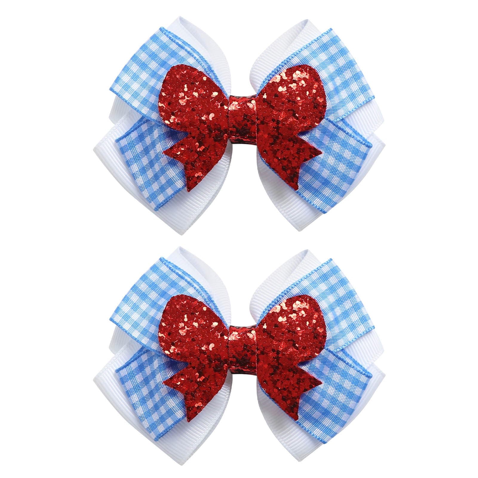 2PC Blue White Gingham Hair Bow Clips 3.5 Inch Checker Pigtail Bows Wizard Hair Accessories