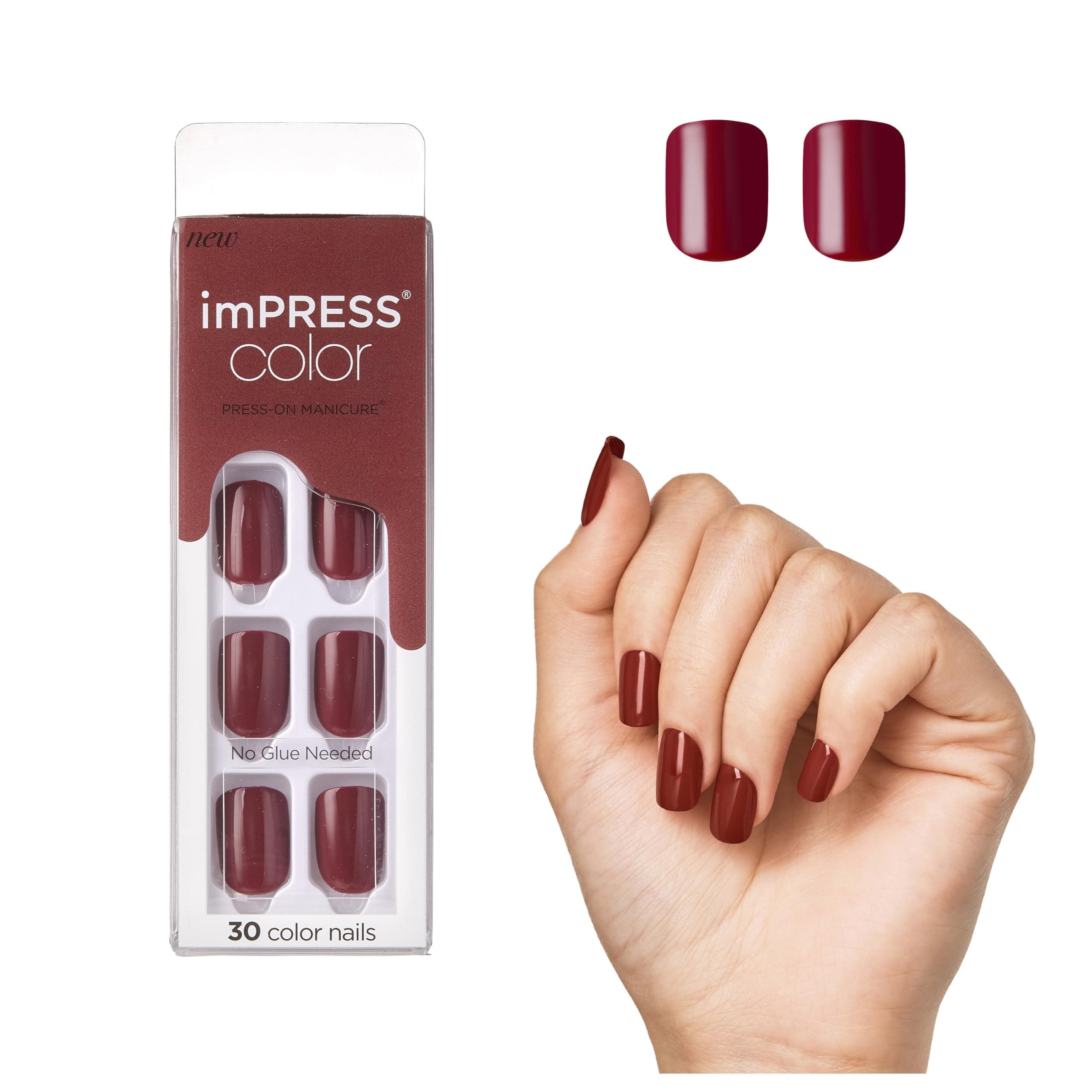 KISS imPRESS Color Press-On Manicure, Gel Nail Kit, PureFit Technology, Short Length, “Espress(y)ourselfâ€Â, Polish-Free Solid Color Mani, Includes Prep Pad, Mini File, Cuticle Stick, and 30 Fake Nails