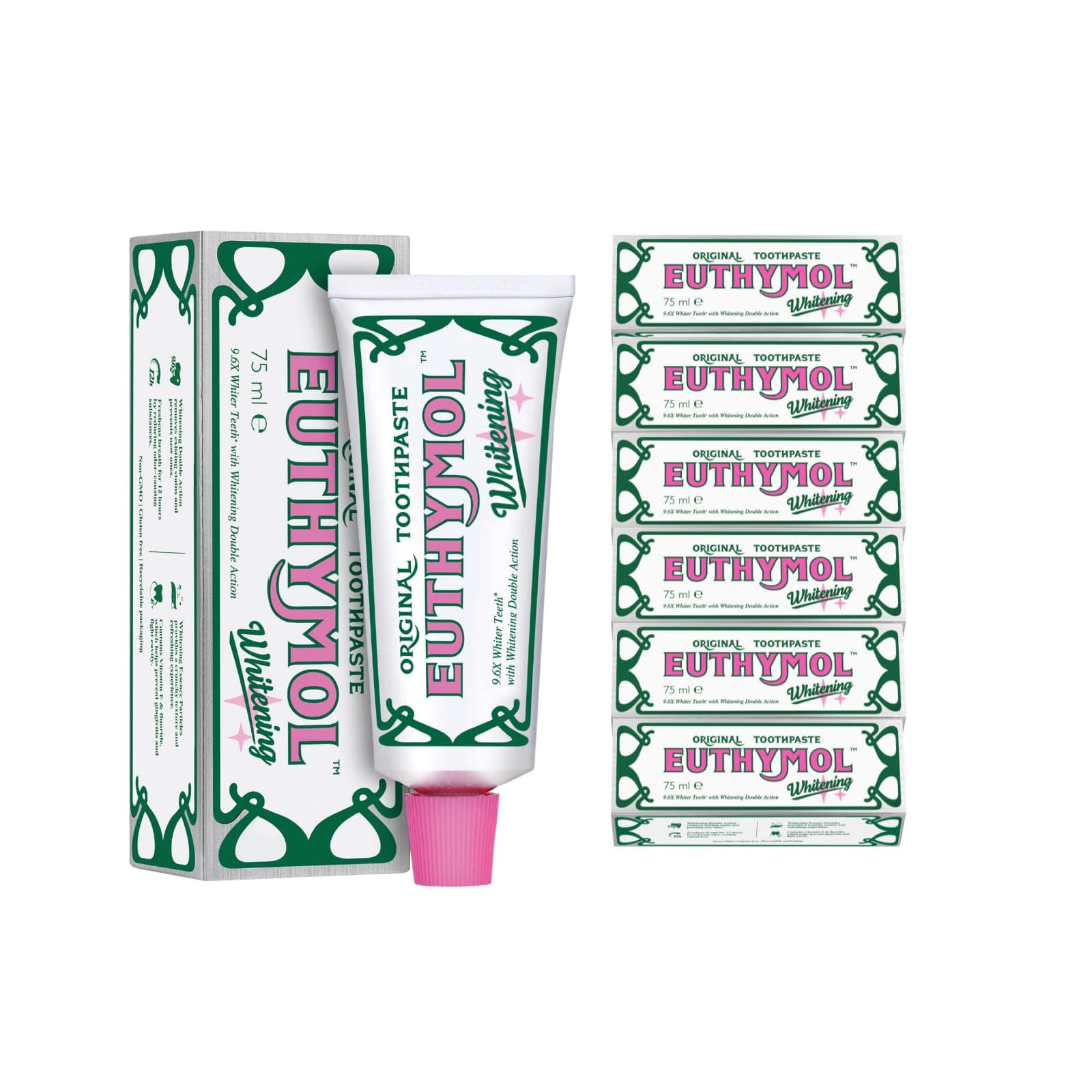Euthymol Whitening Toothpaste 75 ml x 6, Toothpaste GMO Free Gluten Free Vitamin E, Plaque Removal, Antibacterial Toothpaste, White Clean Healthy Teeth, Refreshes Dental Care, Cleanliness Gums