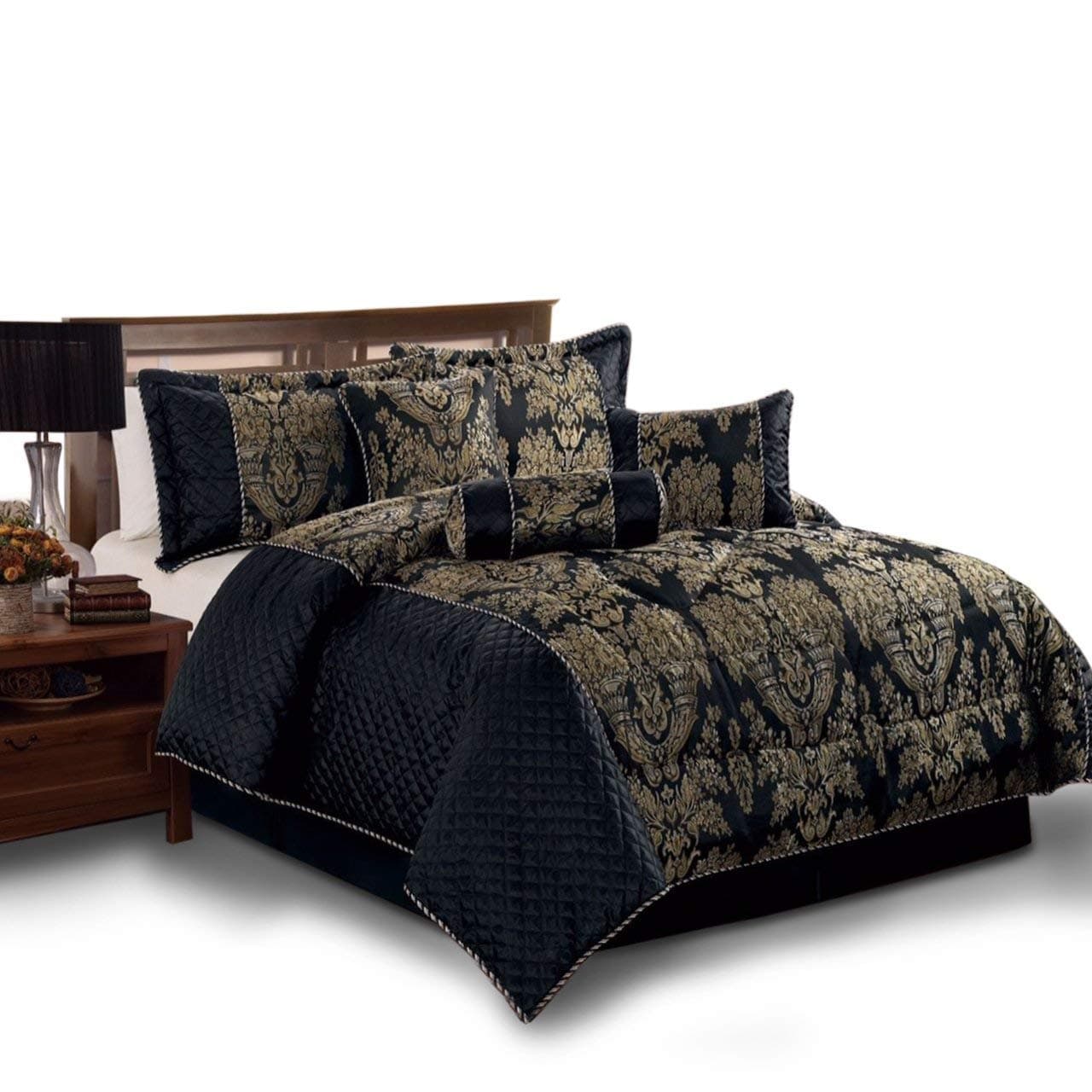 Sunrise Bedding Bedspread Set- 7 Piece Comforter Set- Jacquard Fabric Bedding Set Double, King All Season Bed Throw 220 GSM Matching Pillows, Cushions ,Neck Roll and Valance Sheet (Black, King (255 x 225))