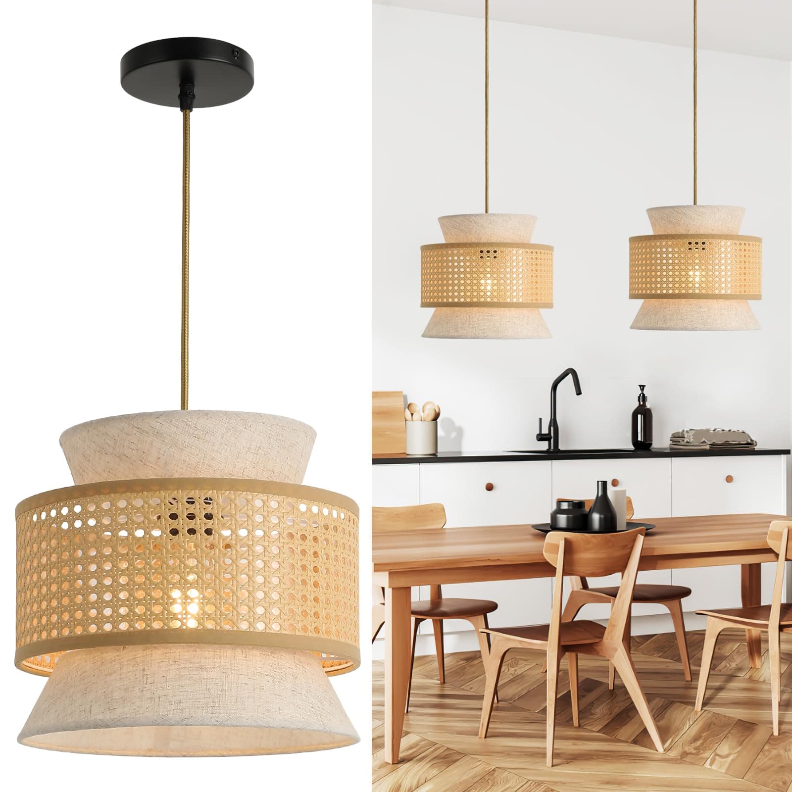 Pendant Light Rattan+Fabric, Vintage Pendant Light, Boho Rattan Ceiling Light Ø29 cm, Hanging Lamp E27 max.60W for Dining Room Living Room Bedroom Hallway Kitchen Island - Brown/White
