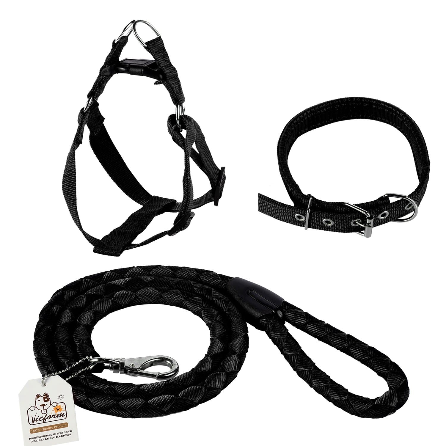 Vicform Safe Control Dog Collar Harness and Leash Set with High Density Polyester Nylon, Large,Black
