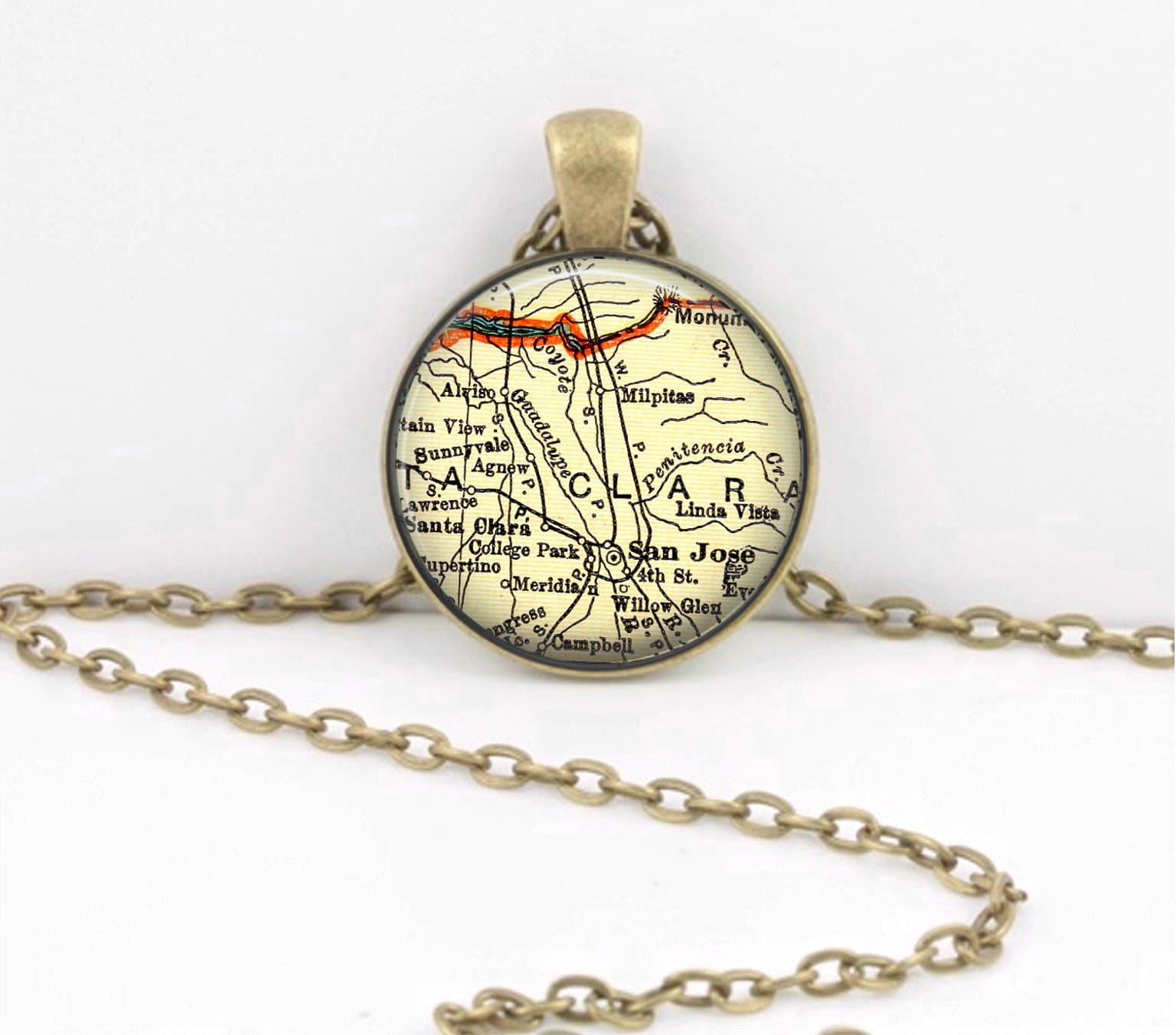 San Jose California Silicon Valley Vintage Map Pendant Gift Vintage Map pendant necklace key ring travel gift jewelry