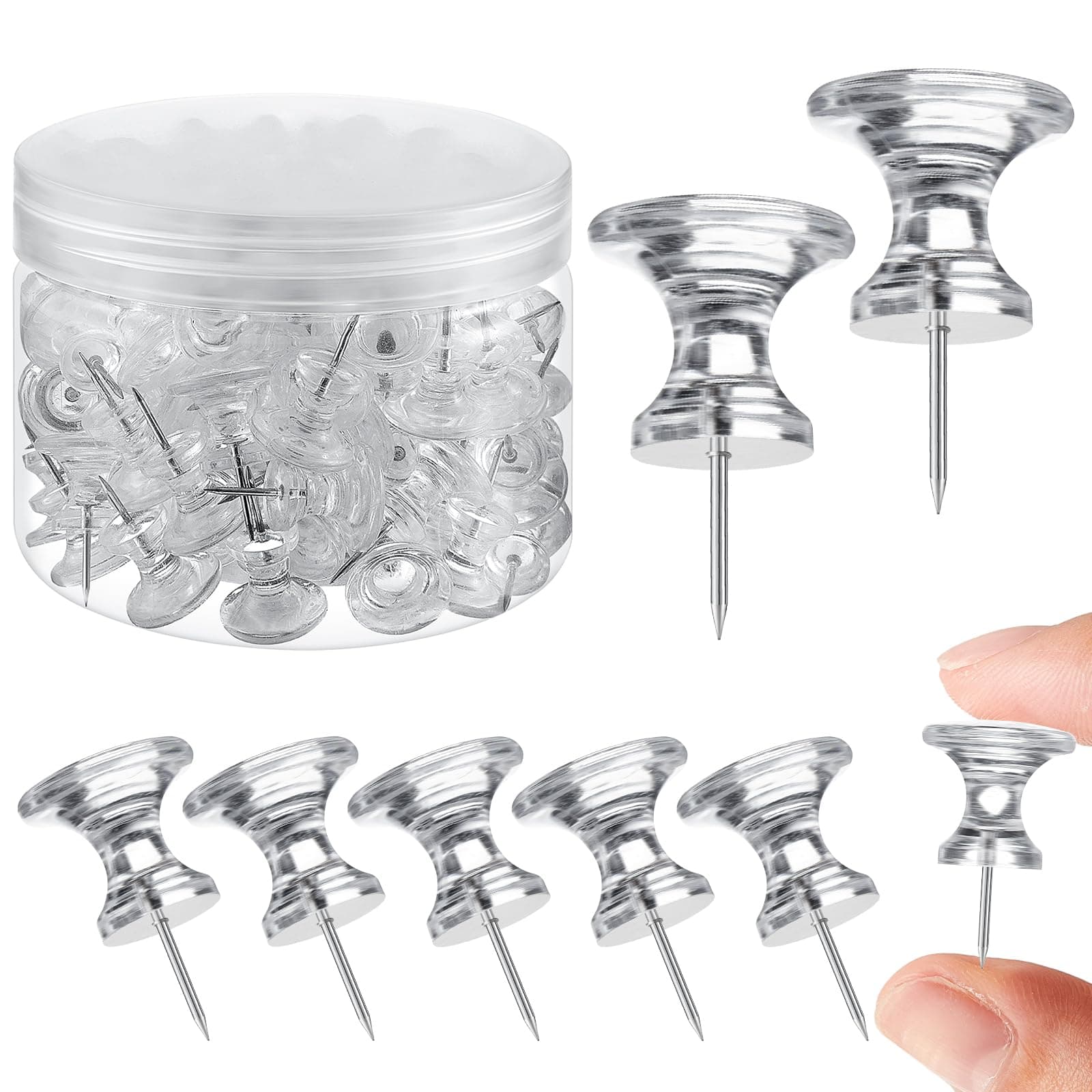 Outus 60 Pcs Giant Push Pins Jumbo Tacks 1 Inch Plastic Head for Cork Board Map Posters Decorations Gifts Under 10 Dollars (Clear)