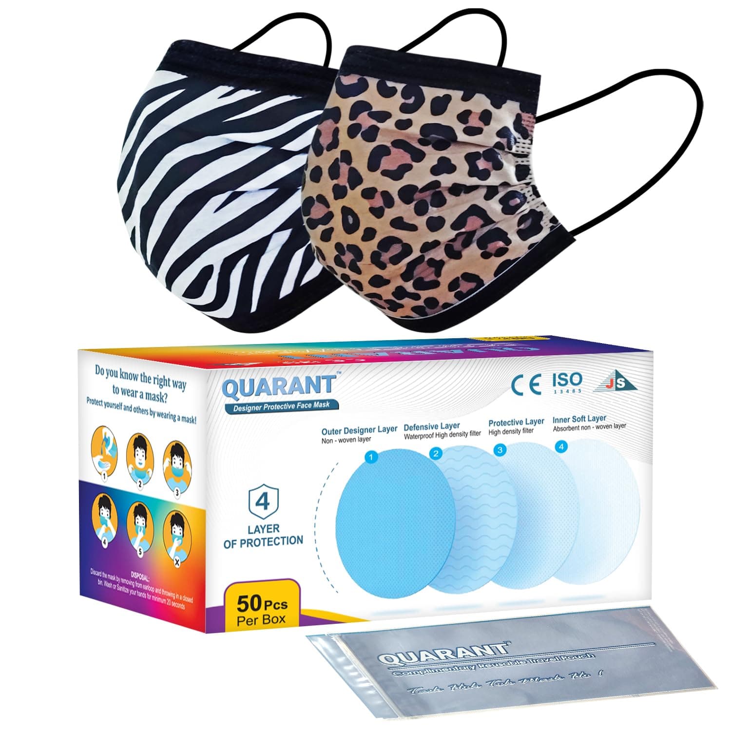 QUARANT Meltblown - Dual SMMS Fabric 4 Ply Designer Protective Face Mask with Nose Clip and Reusable Travel Pouch, Fashion That's Safe (Animal Print Combo, Pack of 50) for Unisex