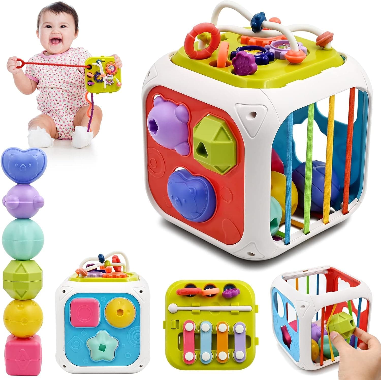Prime Deals Montessori 7 in 1 Baby Sensory Toys for Kids Educational Learning Shape Sorter Activity Stacking Interactive Developmental Fine Motor Skills, Multicolor