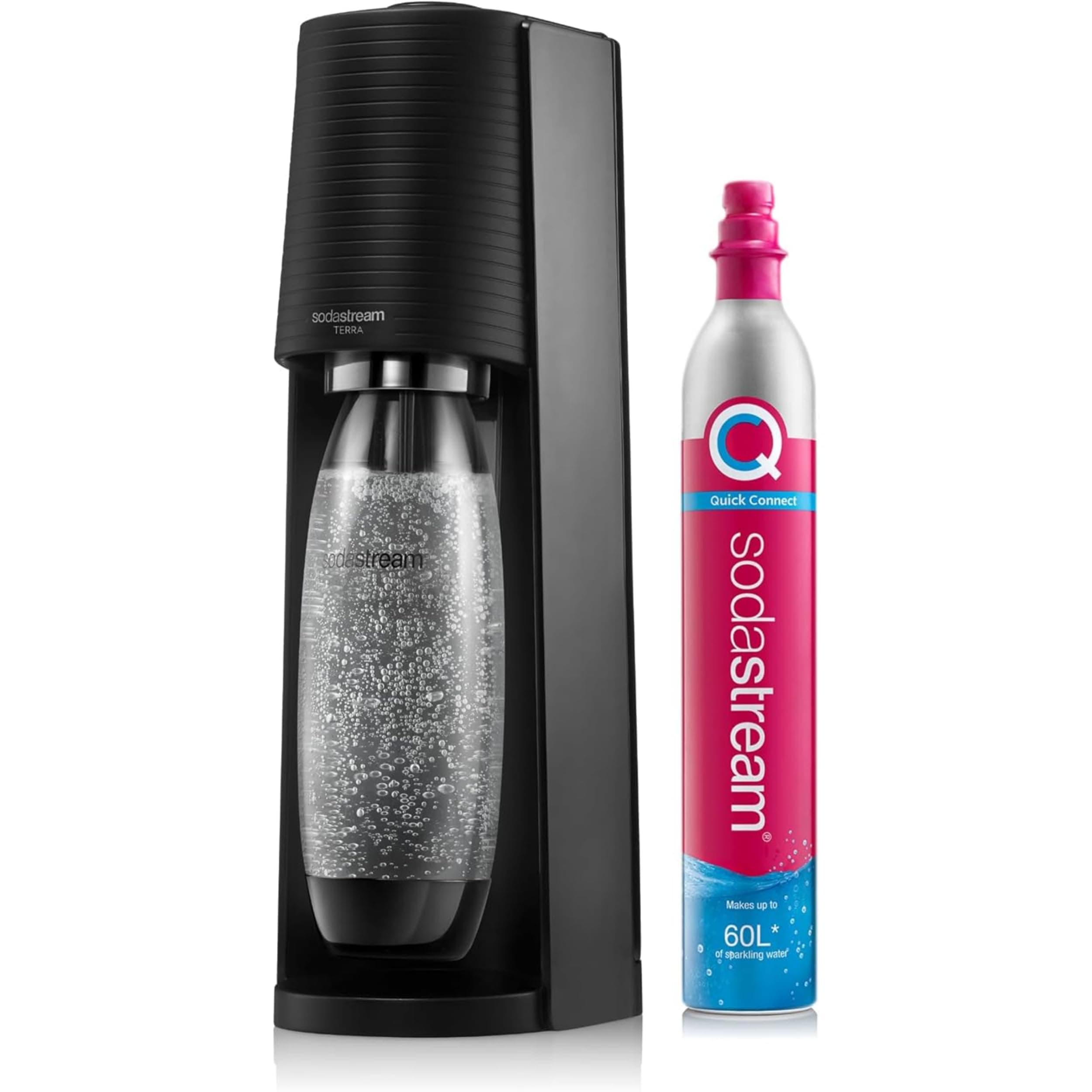 SodaStream - Terra Sparkling Water Maker, Quick Connect CO2 System, Includes 60L Gas Cylinder, BPA-Free 1L Bottle, Eco-Friendly & Reduces Plastic Waste, Black