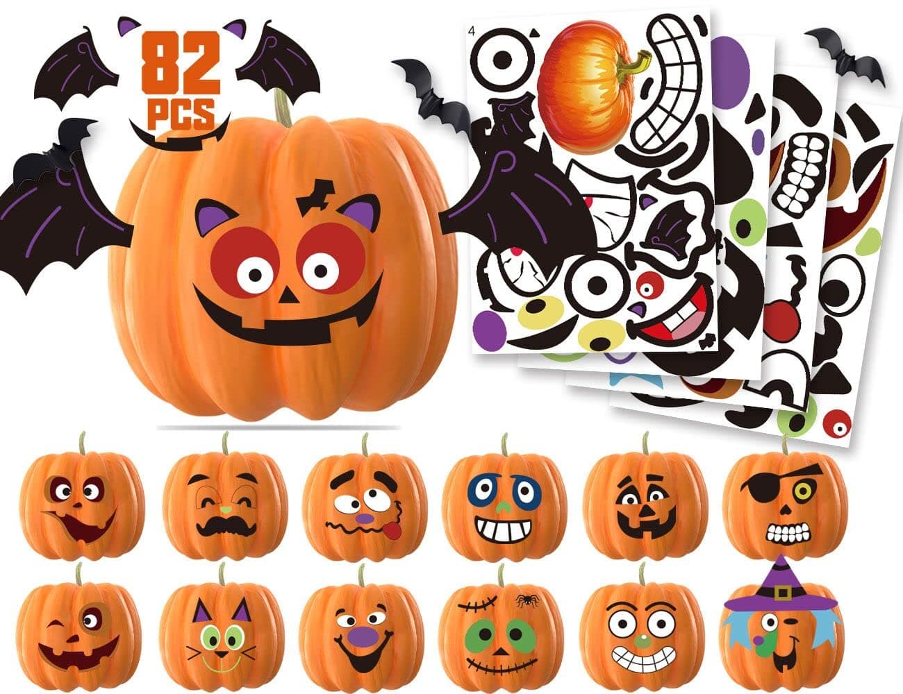 KIDPAR 82Pcs Halloween Pumpkin Stickers, 33 Funny and Classic Pumpkin Expressions Stickers for Pumpkins Squashes, Make Your Own Jack-O-Lantern Face Decals for Halloween Party Decorations