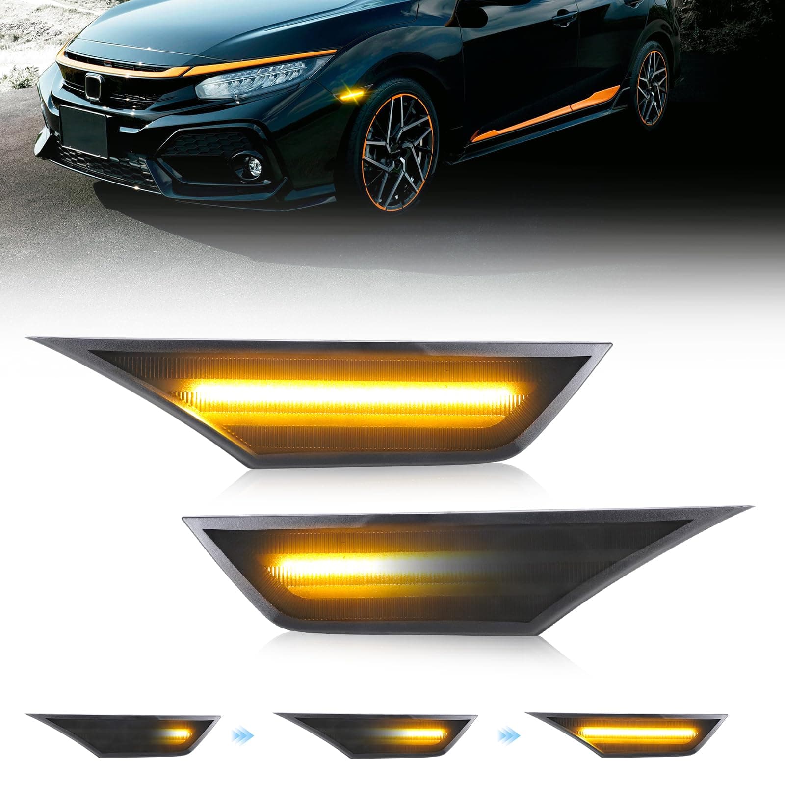 OPP ULITE Civic Side Marker Lights, Amber Sequential Flowing Turn Signal Switchback Light, Plug N Play, Smoked Len for Honda Civic 2016 2017 2018 2019 2020