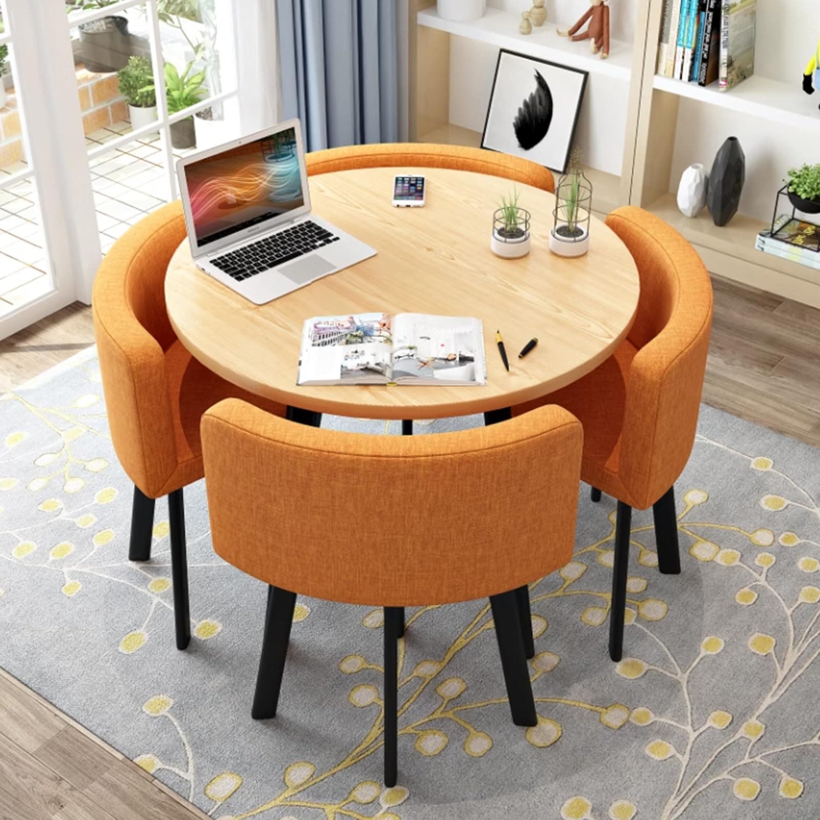 Round Kitchen Dining Table Set for 4, Space Saving Table and Chairs Set with Thick Tabletop 4 Upholstered Chairs, Dinning Room Modern Casual Coffee Table Set(D 31.5inch/80cm, Orange)