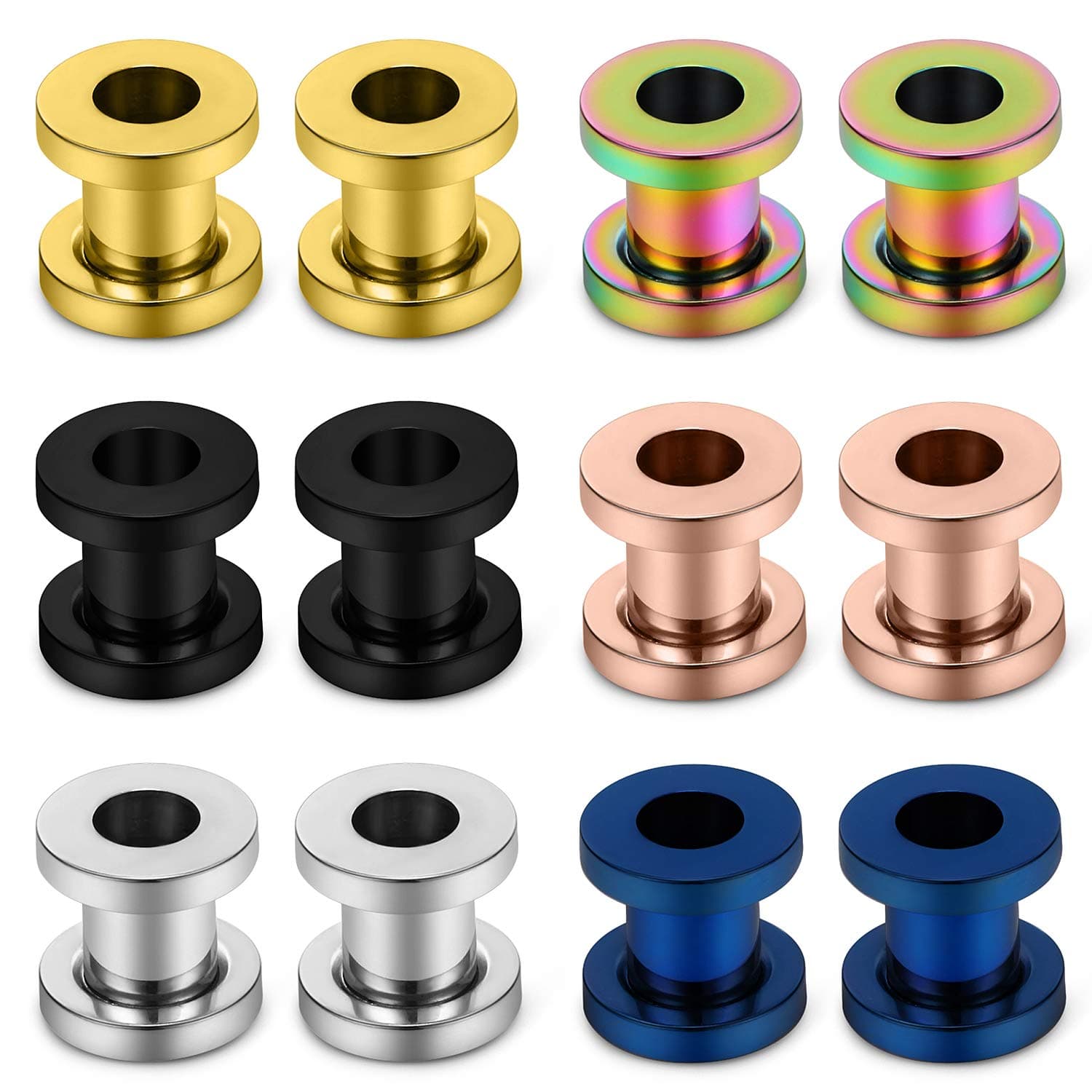 Screw Fit Ear Gauges Kit Surgical Steel Tunnel Expander Earrings Earlobe Plugs Body Piercing Jewelry Set for Women Men 14G-00G 12 Pieces