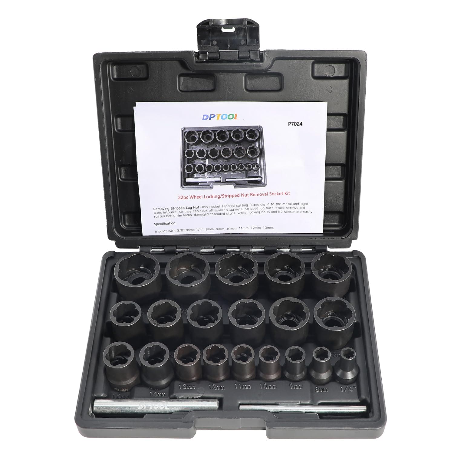 DPTOOL 22 Piece Bolt Nut Extractor Set, 1/2" and 3/8" Drive Impact Lug Nut Remover Socket Tool, Wheel Lock Removal Kit for Extracting Damaged, Stripped Frozen Nuts & Screws Twist Socket Set