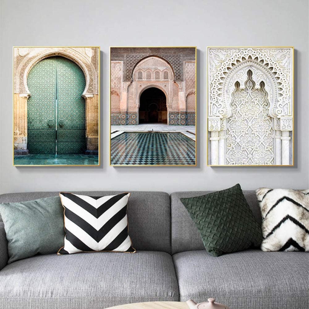 NLZNKZJ Moroccan Arch Old Door Canvas Painting Islamic Building Wall Art Poster,Art Print Muslim Picture decoration wall painting poster 50x70cmx3 no frame