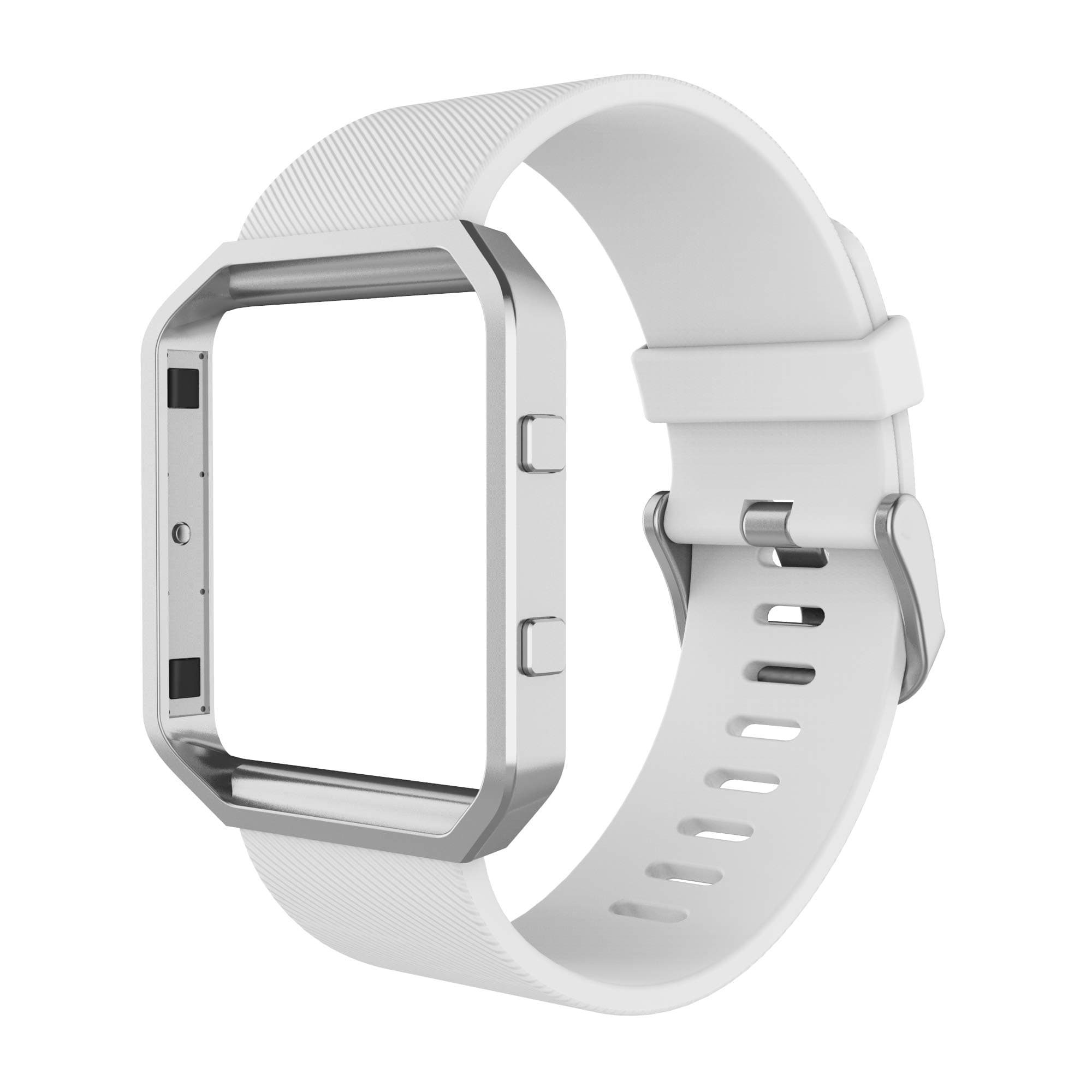 Sport Band Compatible with Fitbit Blaze Smartwatch Sport Fitness, Silicone Wrist Band with Meatl Frame Replacement for Fitbit Blaze Men Women, Small, White Band+Silver Frame