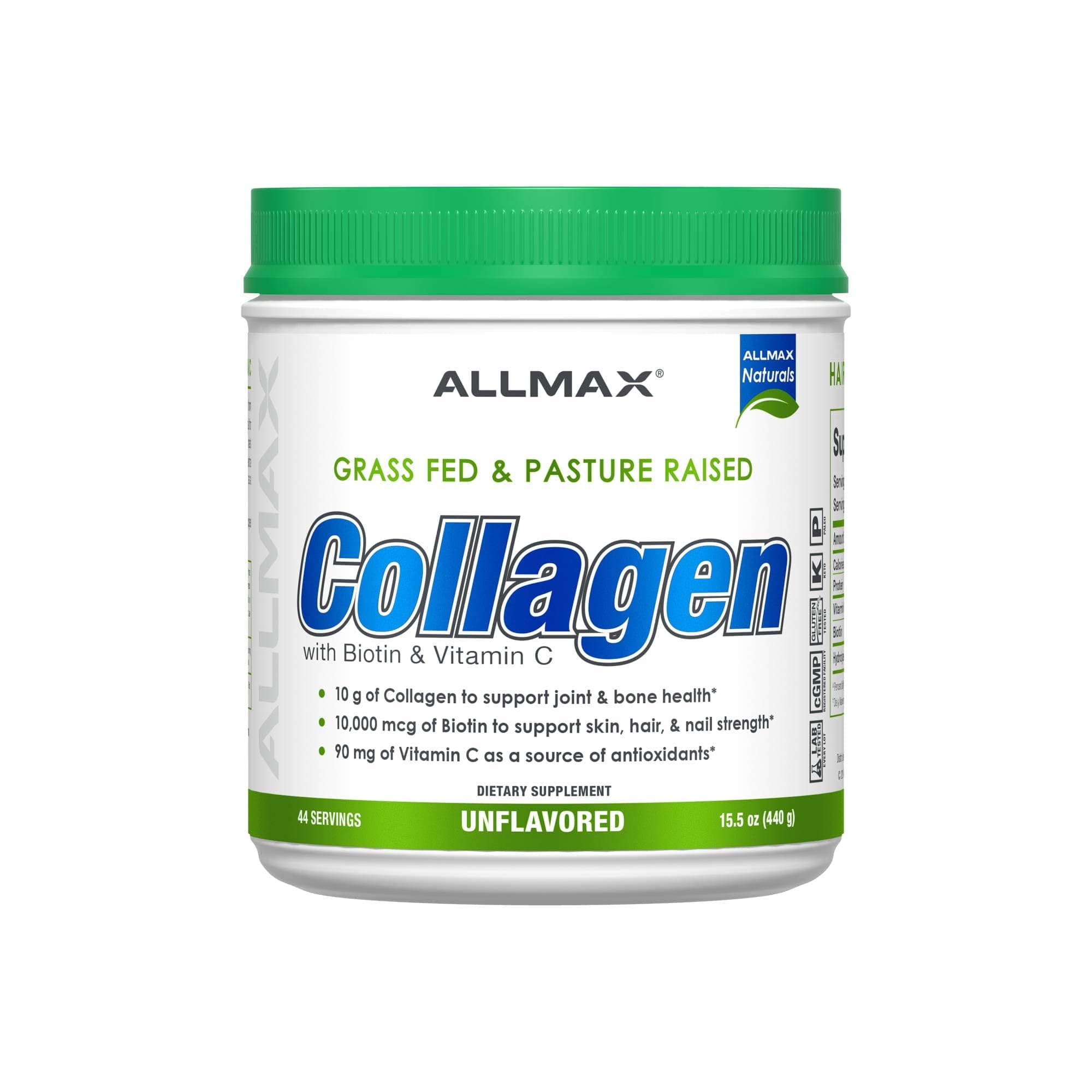 Collagen Powder, Grass Fed & Pasture Raised – with Biotin (10,000 mcg) & Vitamin C (90 mg) (440 Grams, Unflavored)