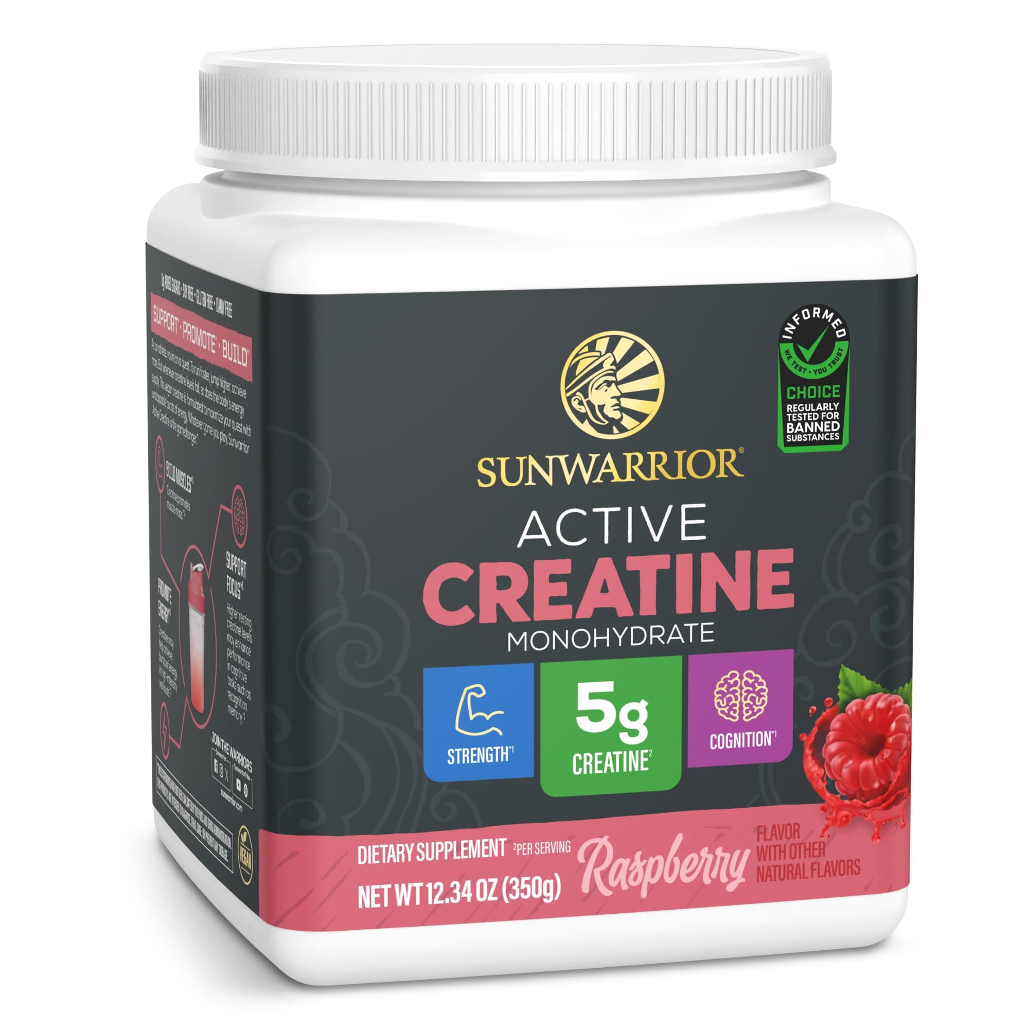 Sunwarrior Creatine Monohydrate Powder | Muscle Building Strength Training Pre Workout & Recovery | Vegan & Keto Friendly Micronized & Easily Mixes 350g Tub (50 Servings) Raspberry Active Creatine