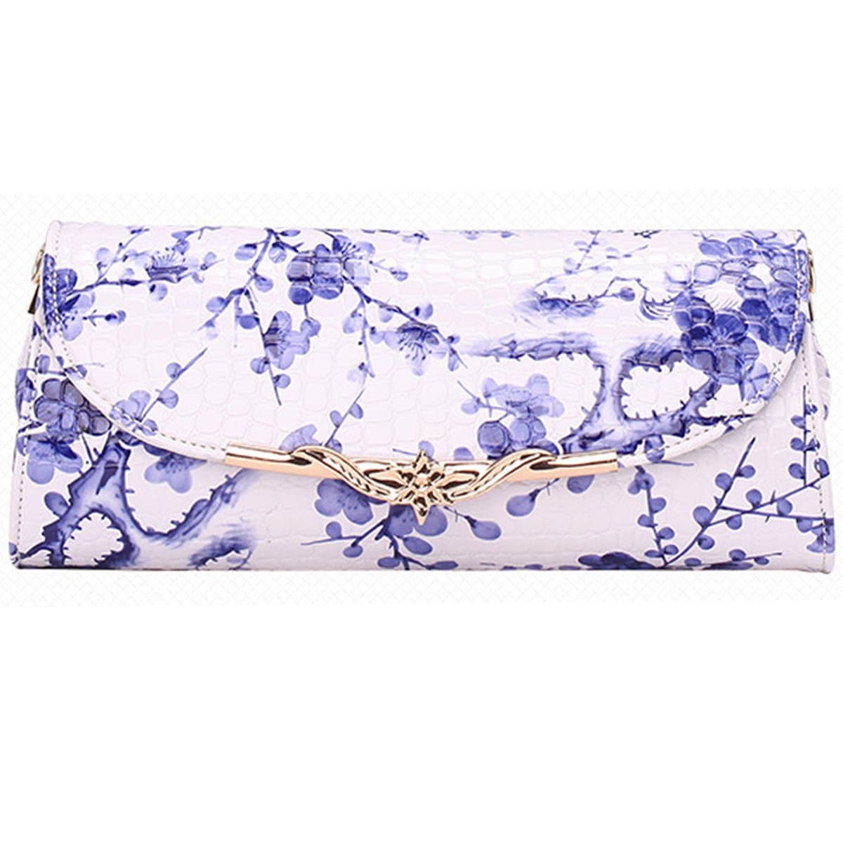 Dooppa Ladies PU Leather Flower Pattern Clutch Handbag Purse Shoulder Bag Crossbody Bag (Blue Flower)