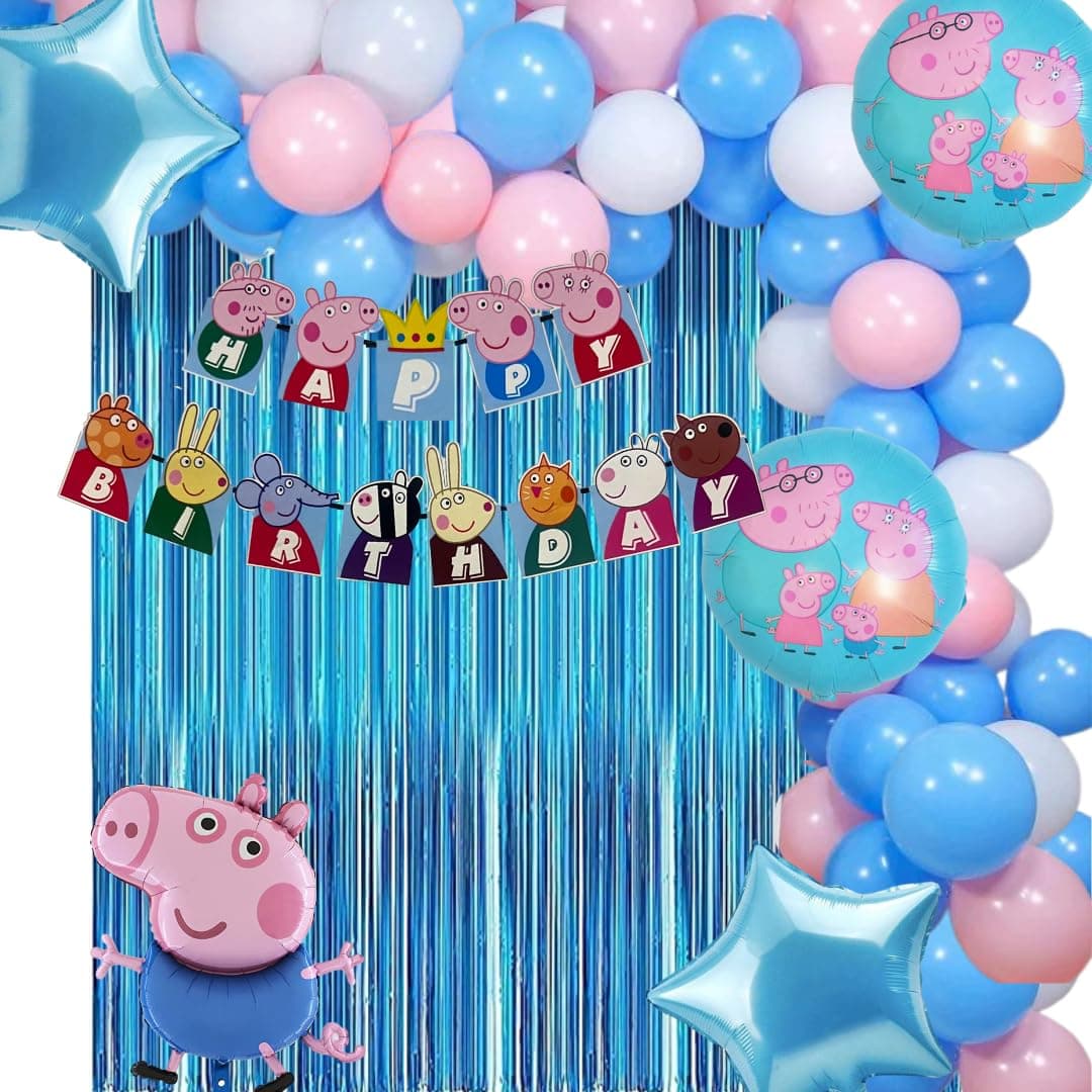 House Of Banter Premium Blue Pig Theme Birthday Decoration - 53Pc: 45 Balloons, 1 Banner, 5 Pc Foil Balloon, 2 Light Blue Curtain (Pig Birthday Decoration Theme For Boys / Girls / Kids Party)