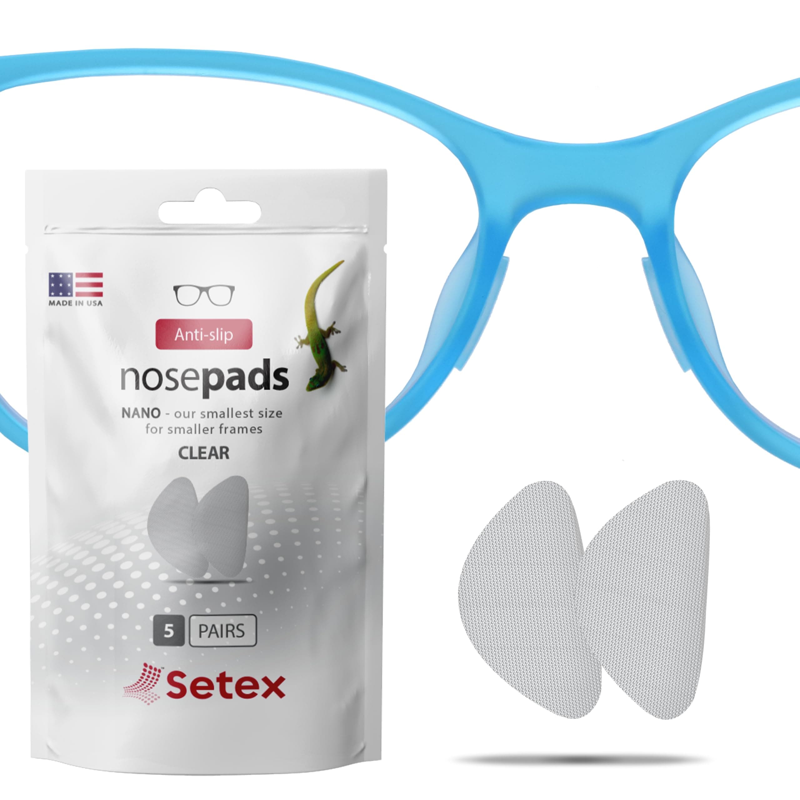 Gecko Grip Nano 0.6mm Anti Slip Eyeglass Nose Pads, (5 Clear Pair), Smallest and Thinnest Size Available, USA Made, 2000 Innovative Microstructured Fibers per Pad, 0.6mm x 6mm x 11mm
