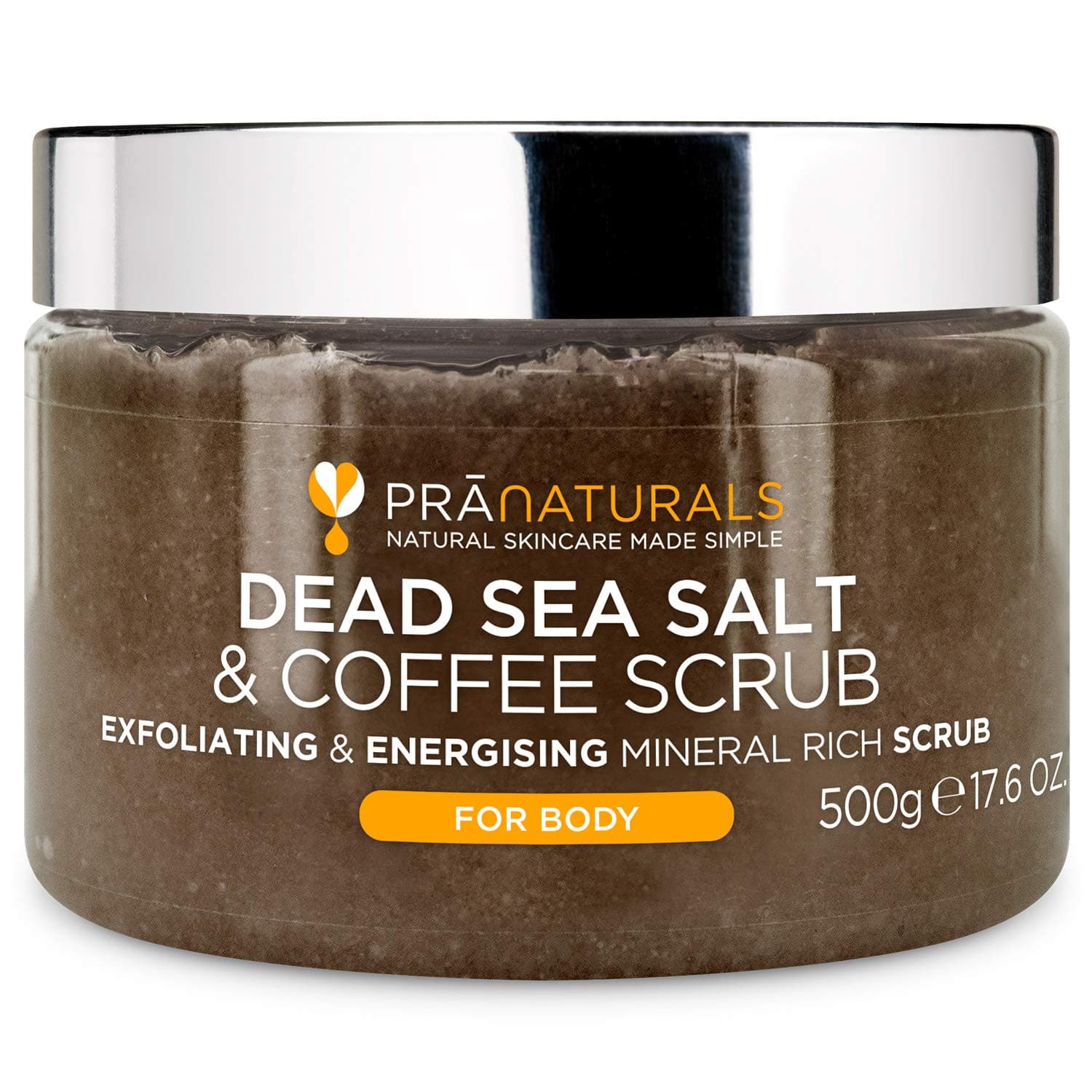 PraNaturals Dead Sea Salt & Coffee Body Scrub 500g - Natural formula, Exfoliating, Nourishing & Hydrating, Made with Arabica coffee powder, No parabens, Vegan & Cruelty Free