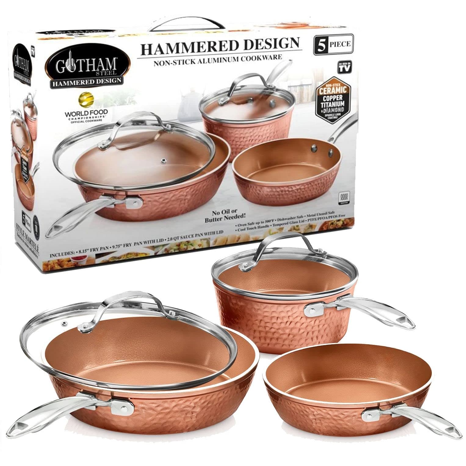 Gotham Steel Premium Hammered Cookware – 5 Piece Ceramic Cookware, Pots and Pan Set with Triple Coated Nonstick Copper Surface & Aluminum Composition for Even Heating, Oven, Stovetop & Dishwasher Safe