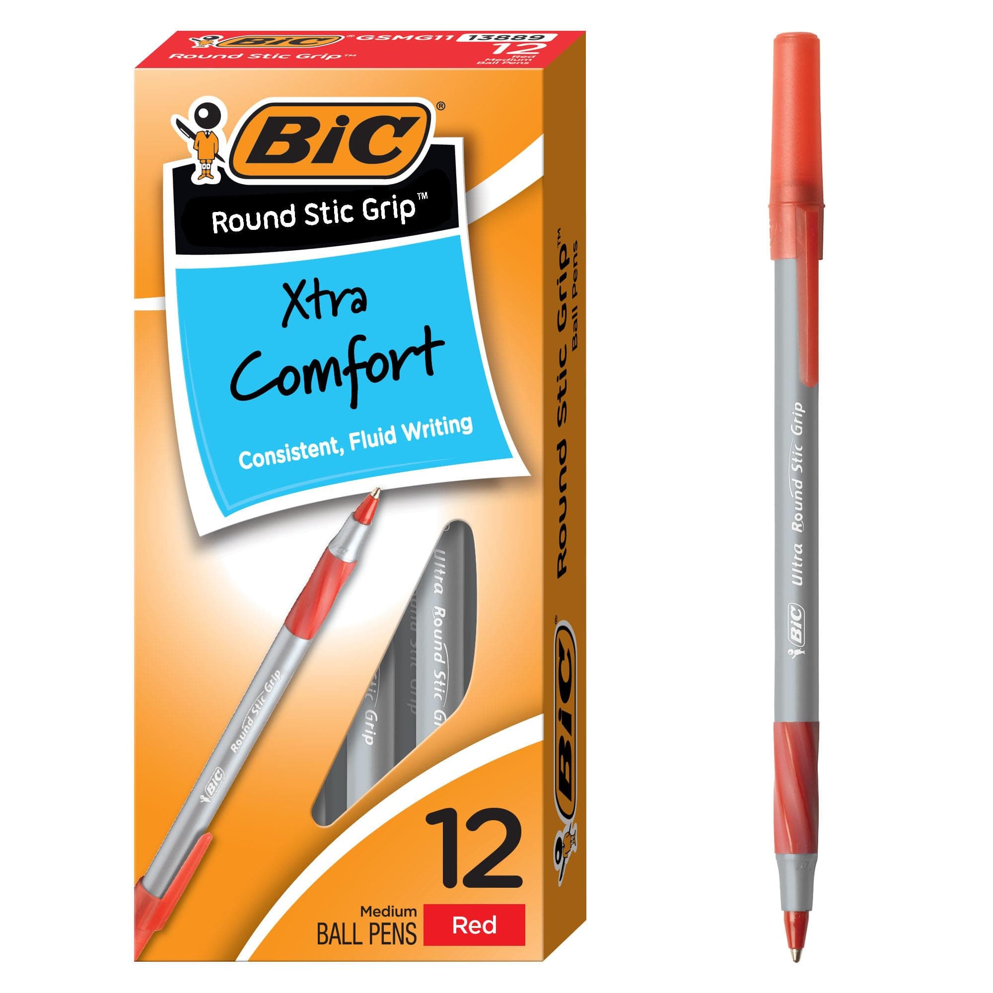 BIC Round Stic Grip Xtra Comfort Red Ballpoint Pens, Medium Point (1.2mm), 12-Count Pack, Excellent Writing Pens With Soft Grip for Superb Comfort and Control