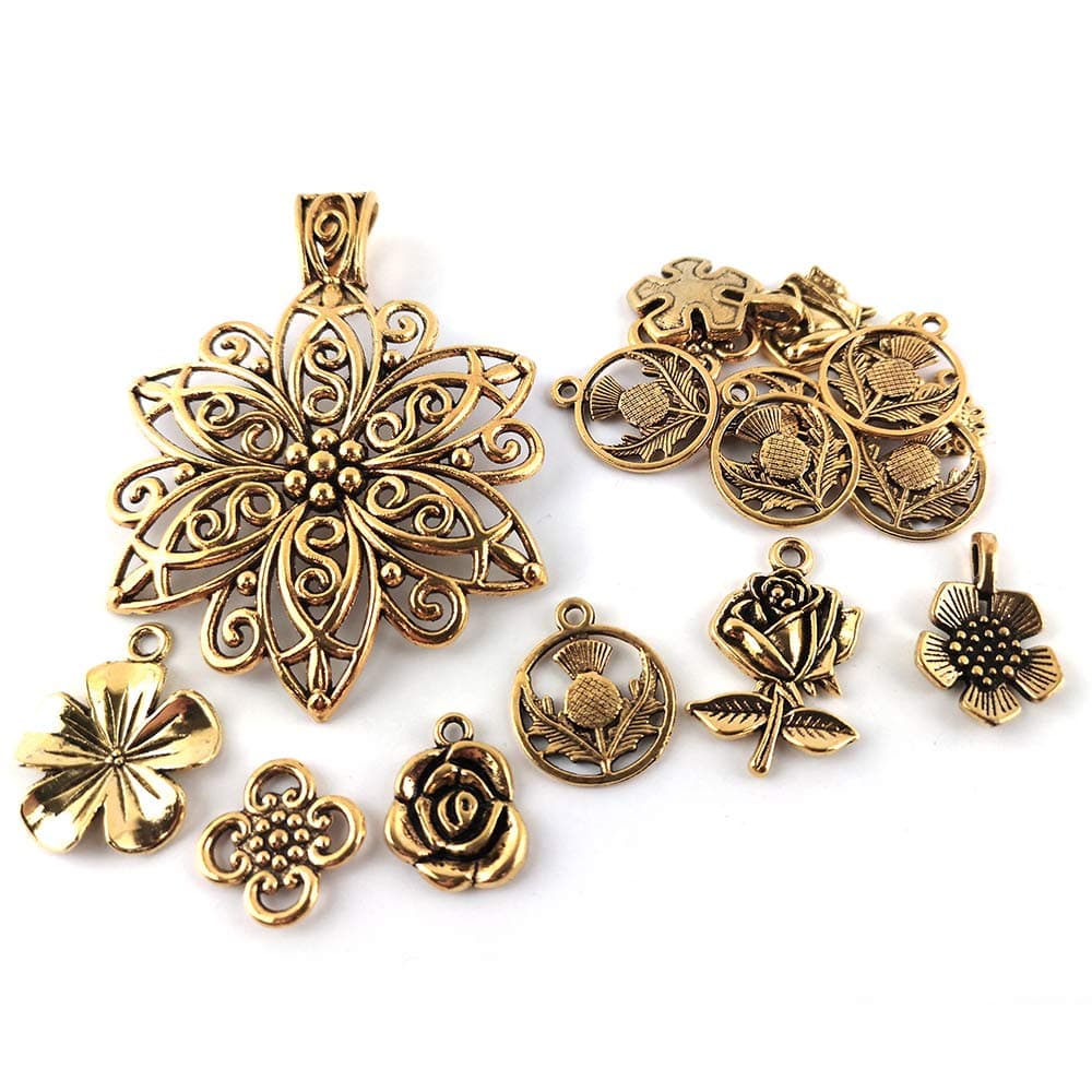 Antique Gold Metal Alloy Mixed Flower Charms 5-40mm Pack of 30g for Jewellery Making and More