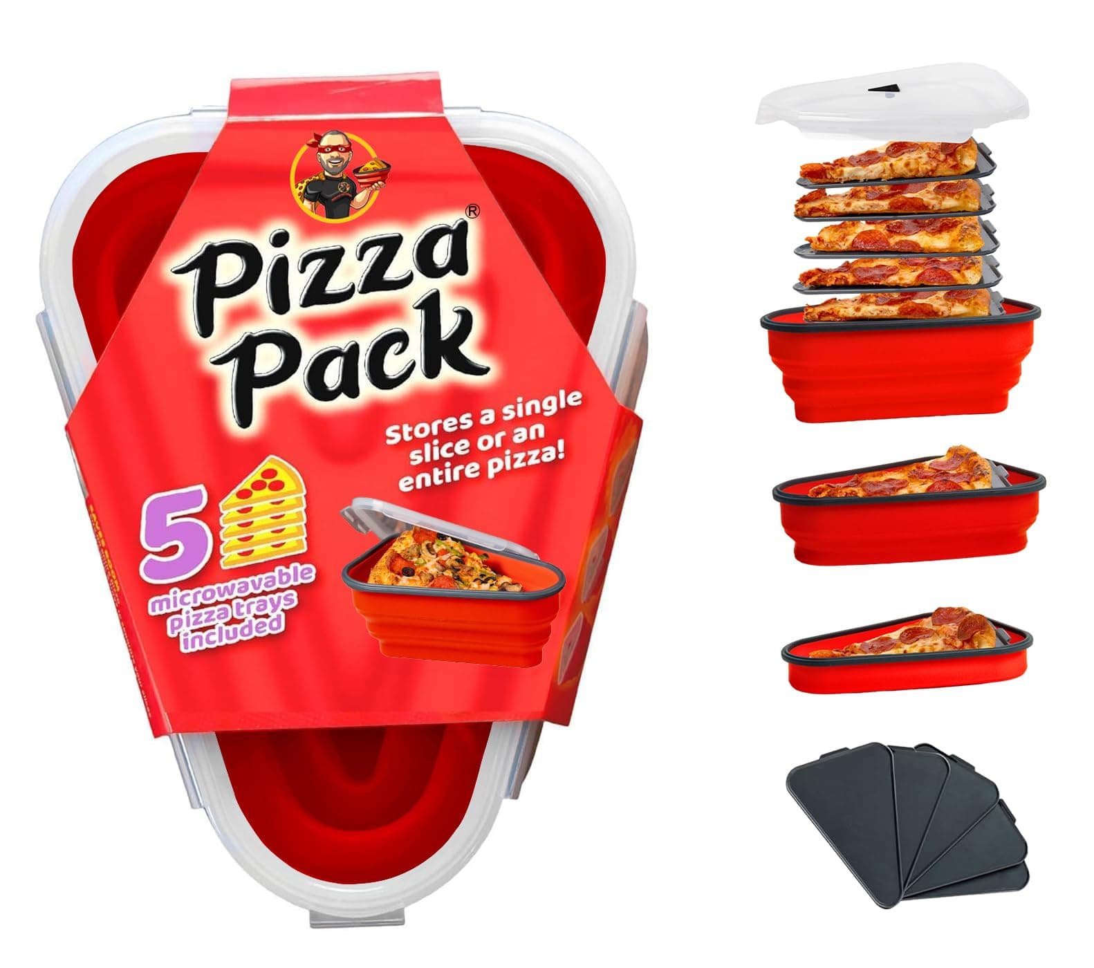 Pizza Pack | Collapsible Silicone Container for Storing Pizza | Organize & Save Space with Adjustable Size | BPA Free, Microwave & Dishware Safe (Regular, Red)