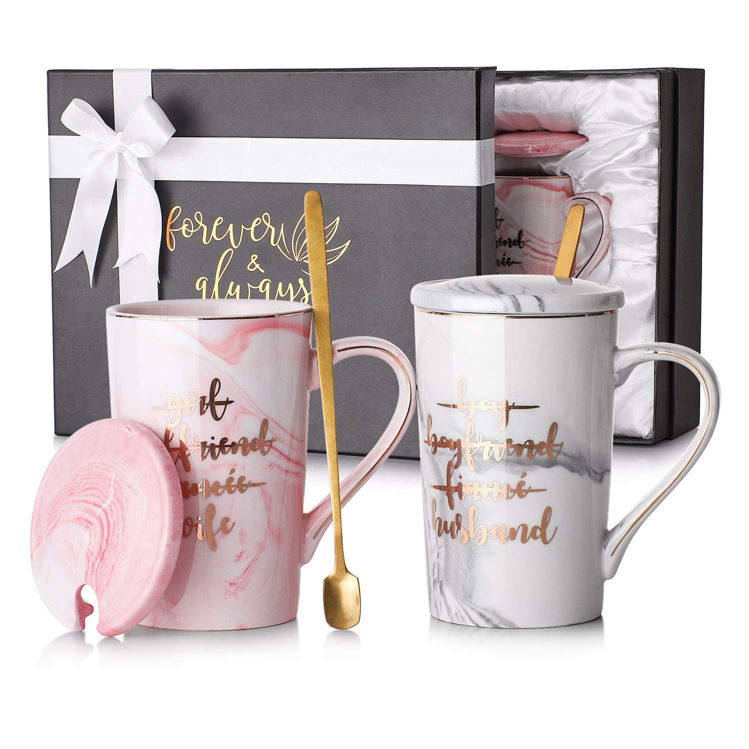 LIFVER 12 oz Couple Coffee Mugs, Wedding Gifts for Bride and Groom, Engagement Gifts for Bridal Shower, Anniversary Gifts for Couple - Porcelain Marble Grey/Pink