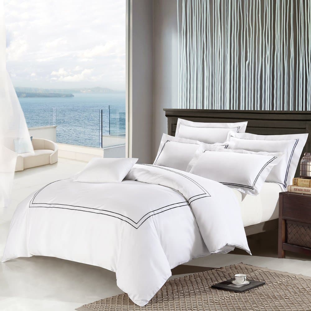 Deep Sleep Home 3pc Duvet Cover Set, 40s Cotton Sateen, Navy Blue Embroidered Lines, 250 Thread Count Percale, White Background, Double Full, Queen, King Size (King, Black)