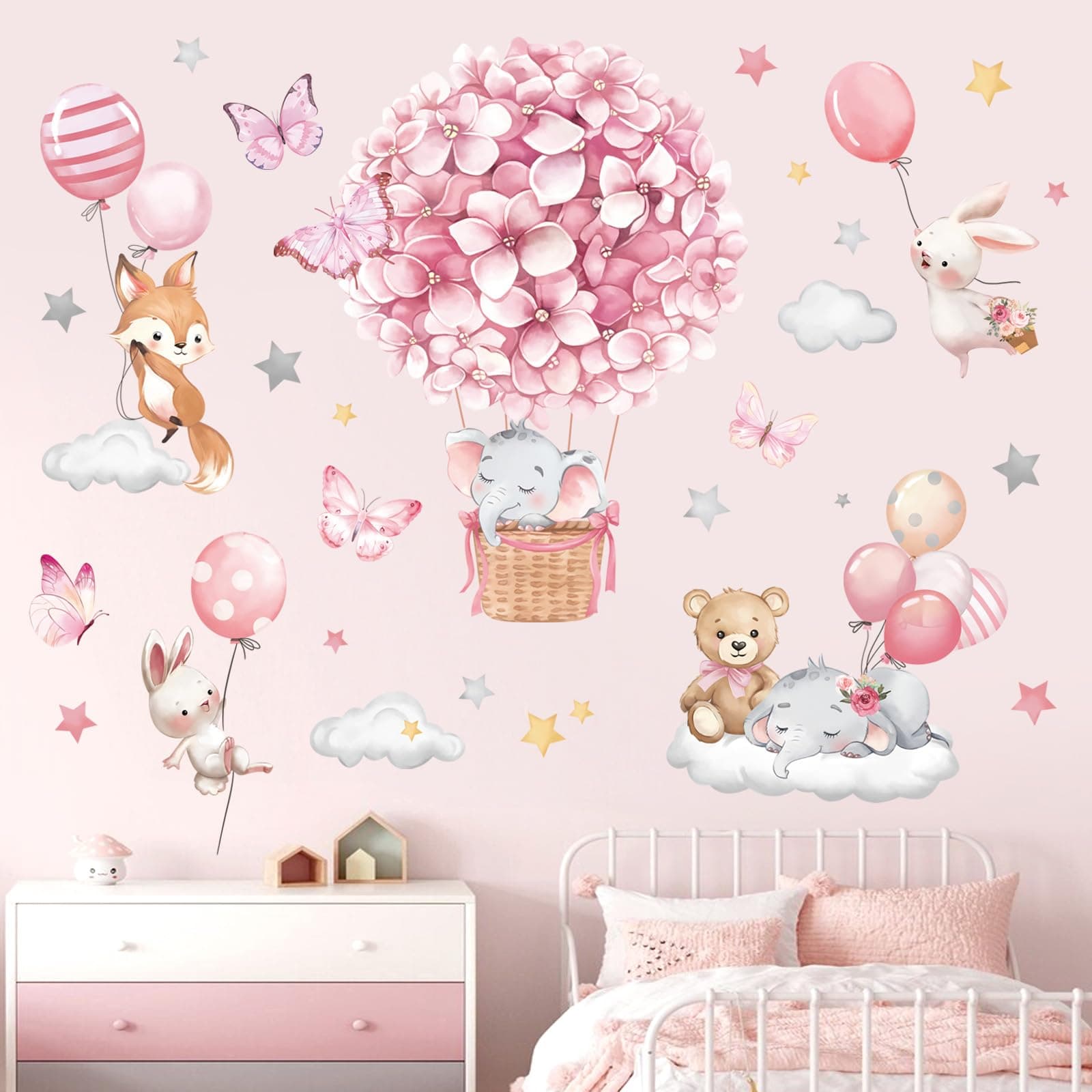 decalmile Animals Hot Air Balloon Wall Decals Flowers Balloons Elephant Bear Wall Stickers Baby Nursery Girls Bedroom Toddler Room Wall Decor