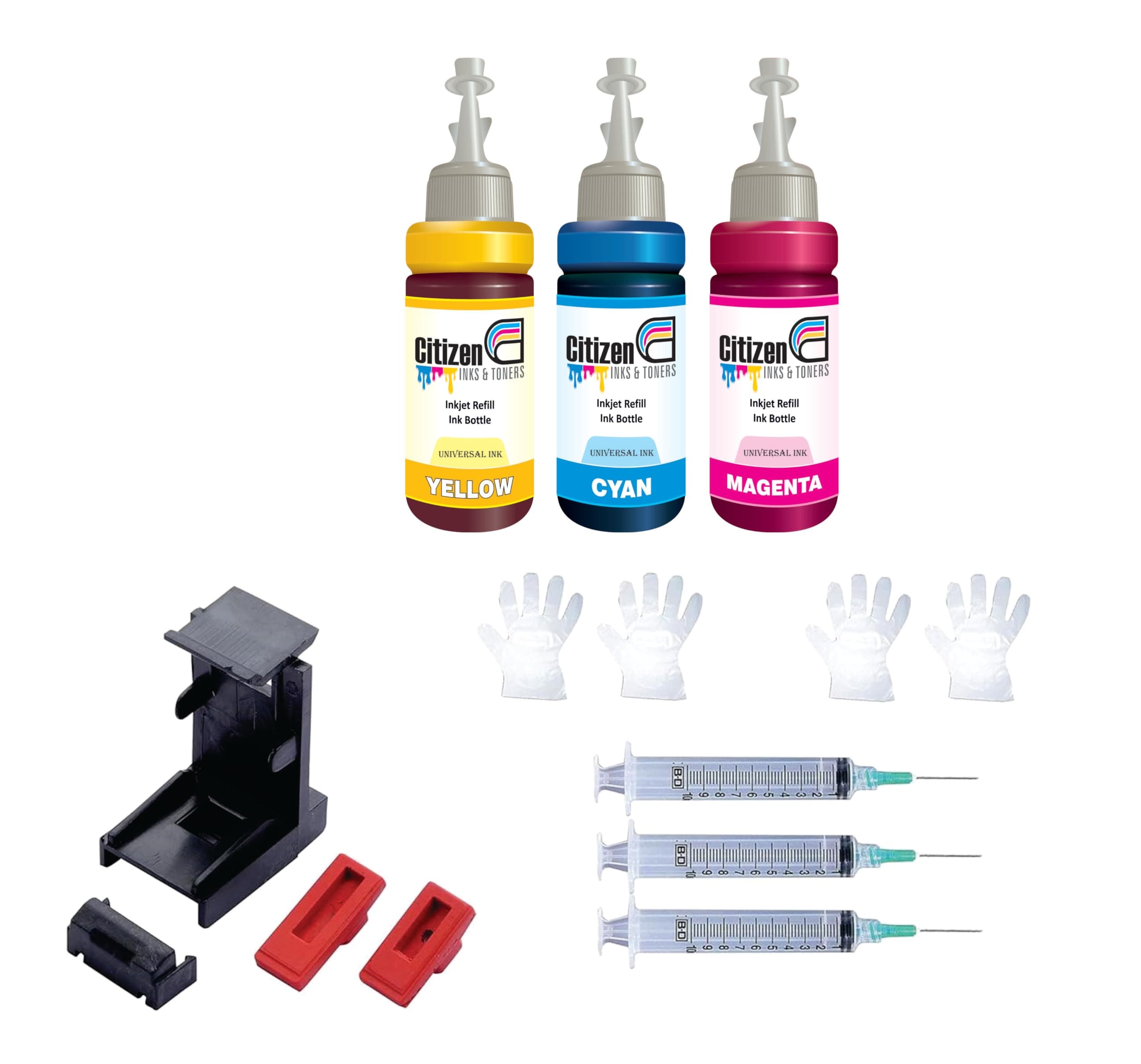 Refill Kit with Suction Tool Combo Pack of High Yield Inkjet Cartridge Ink Refill Compatible for HP and Canon Cartridge Printers - 100ml Per Bottle (3 Color Bottles Full Set)