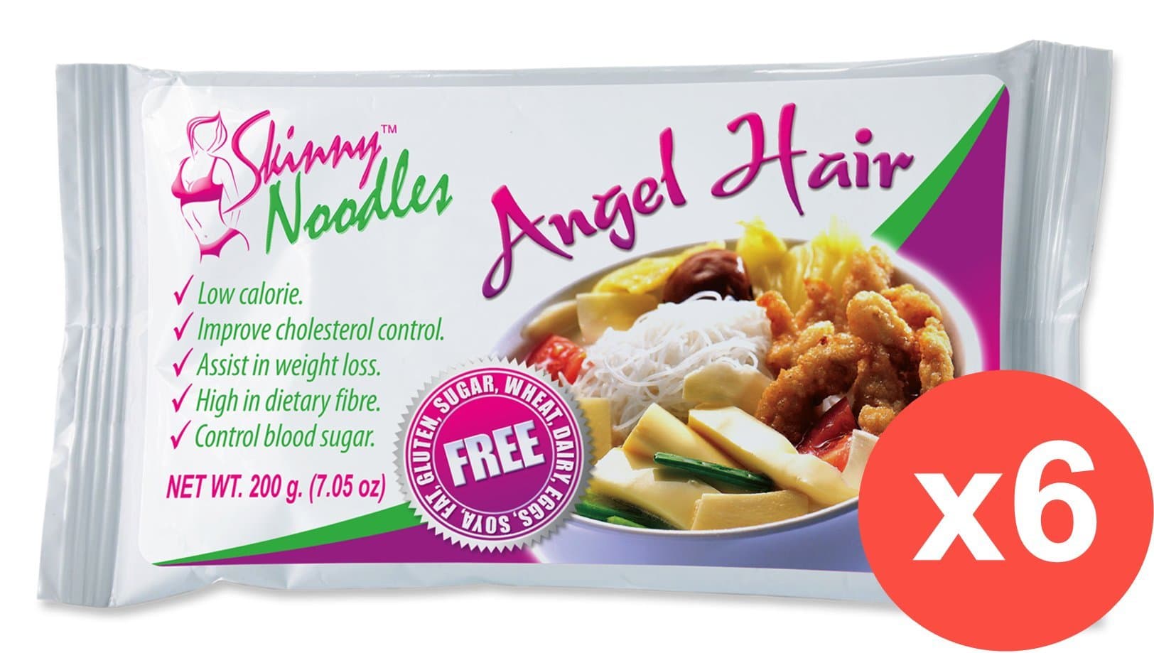 Pack of 6 Skinny Noodles Angel Hair 200g, Shirataki, Konjac, Slim, Low Carb