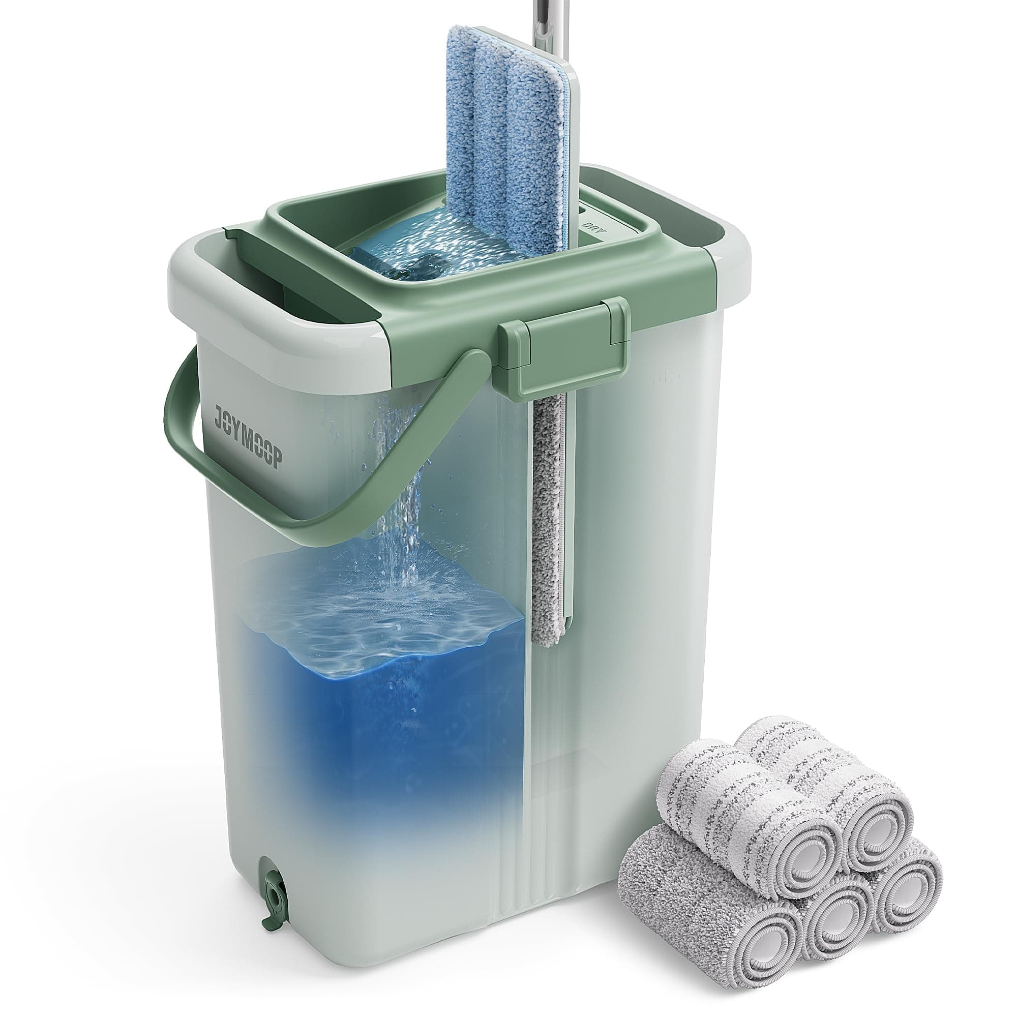 Mop and Bucket Set - Mops for Floor Cleaning & Wall Cleaner with Long Handle, Include 5 Microfiber Mop Pads - Green Bucket (X-Large)