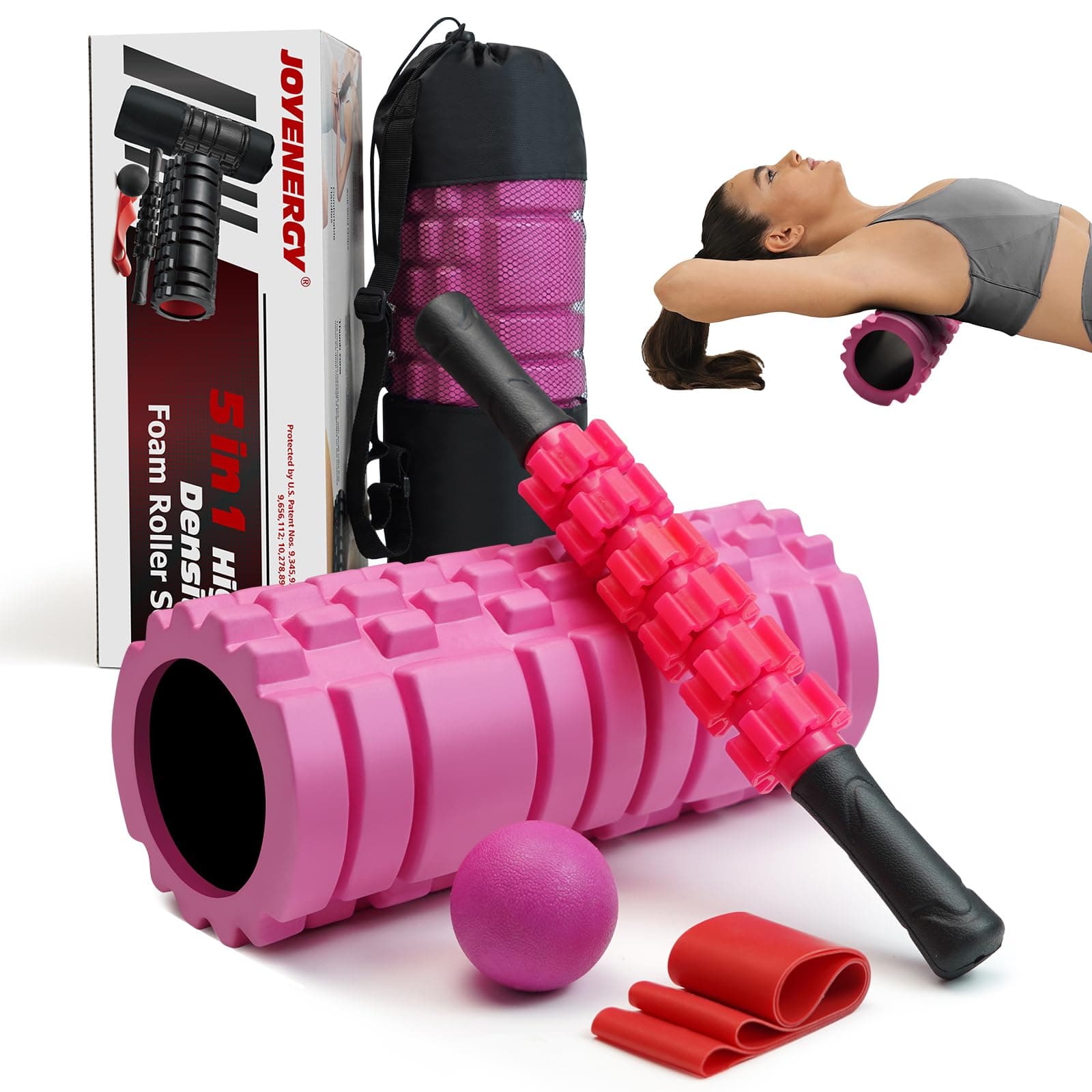 JOYENERGY 5 in 1 Foam Roller Set, Trigger Point Foam Roller Patented, Massage Stick, Massage Ball, Resistance Band for Deep Muscle Massage Pilates Yoga, Fitness Exercise for Whole Body