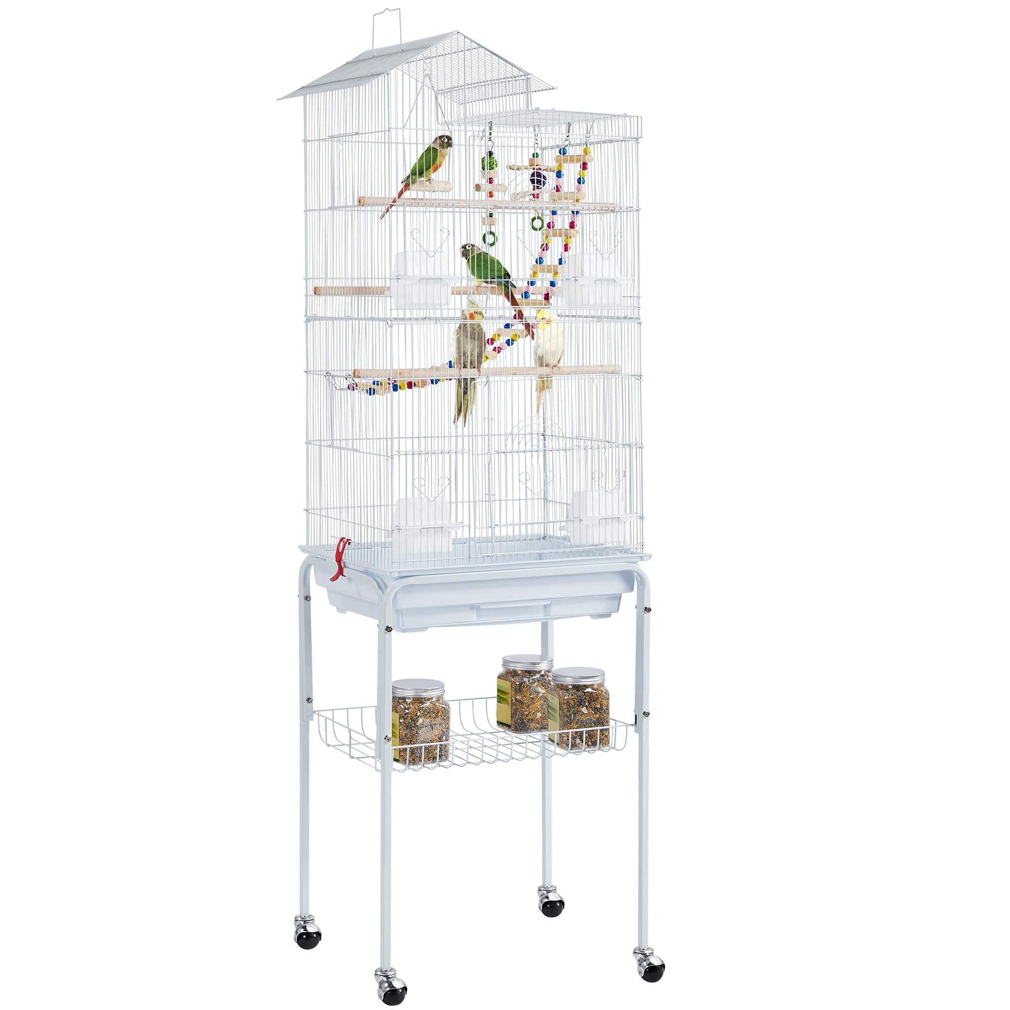 62.5-inch Roof Top Flight Bird Cage for Parakeets Cockatiels Conures Finches Lovebirds Canaries Budgies Small Parrots, Large Birdcage with Detachable Rolling Stand, White