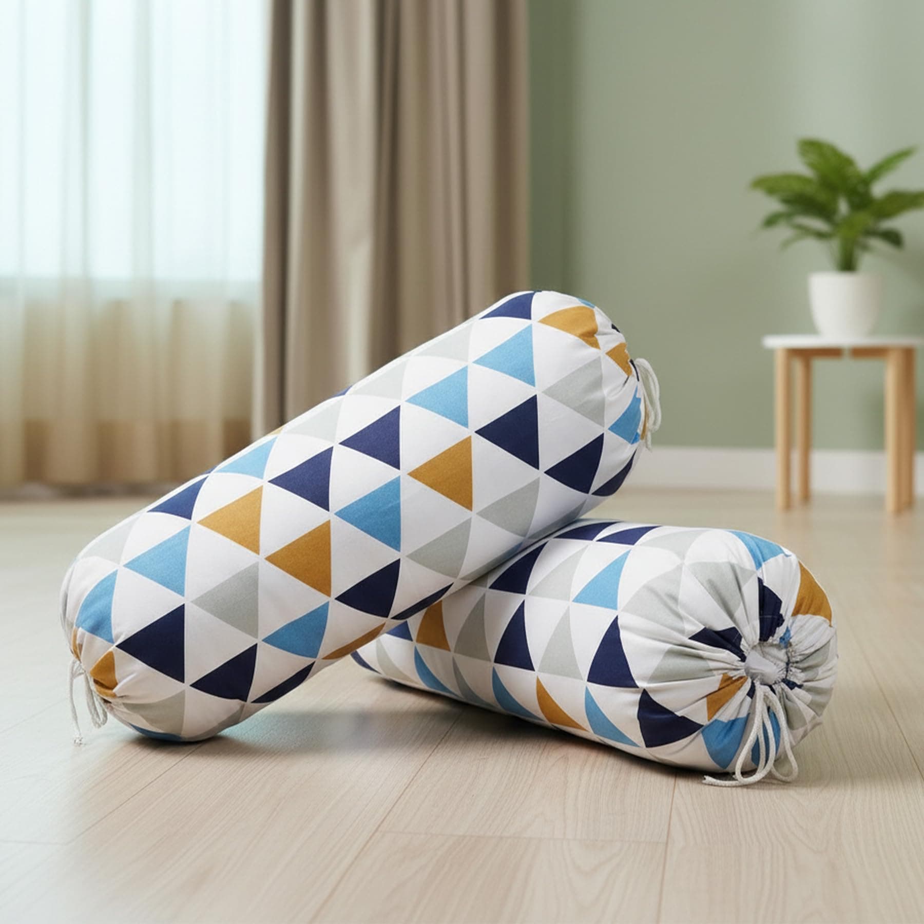 HOMEMONDE Cotton Bolster Cover 16 X 32 Inches - Set Of 2 Soft Round Pillow Cover With Triangle Print For Decoration, Multicolor (80 X 40 Cm), 200 TC