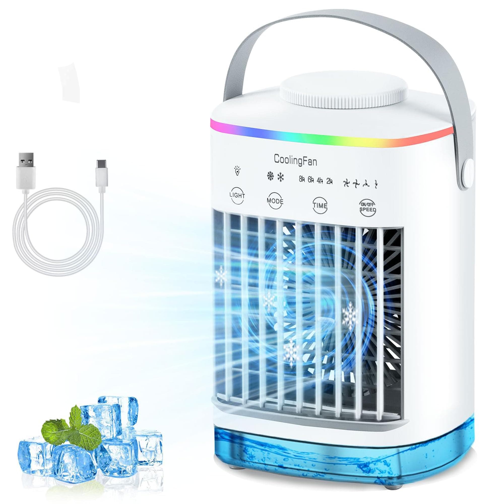Portable Air Cooler, Mini Mobile Air Conditioner, RGB 7 LED Light, 4 Speeds, Timed function Modes Room Cooler, Air Coolers for Home, Office, Bedroom