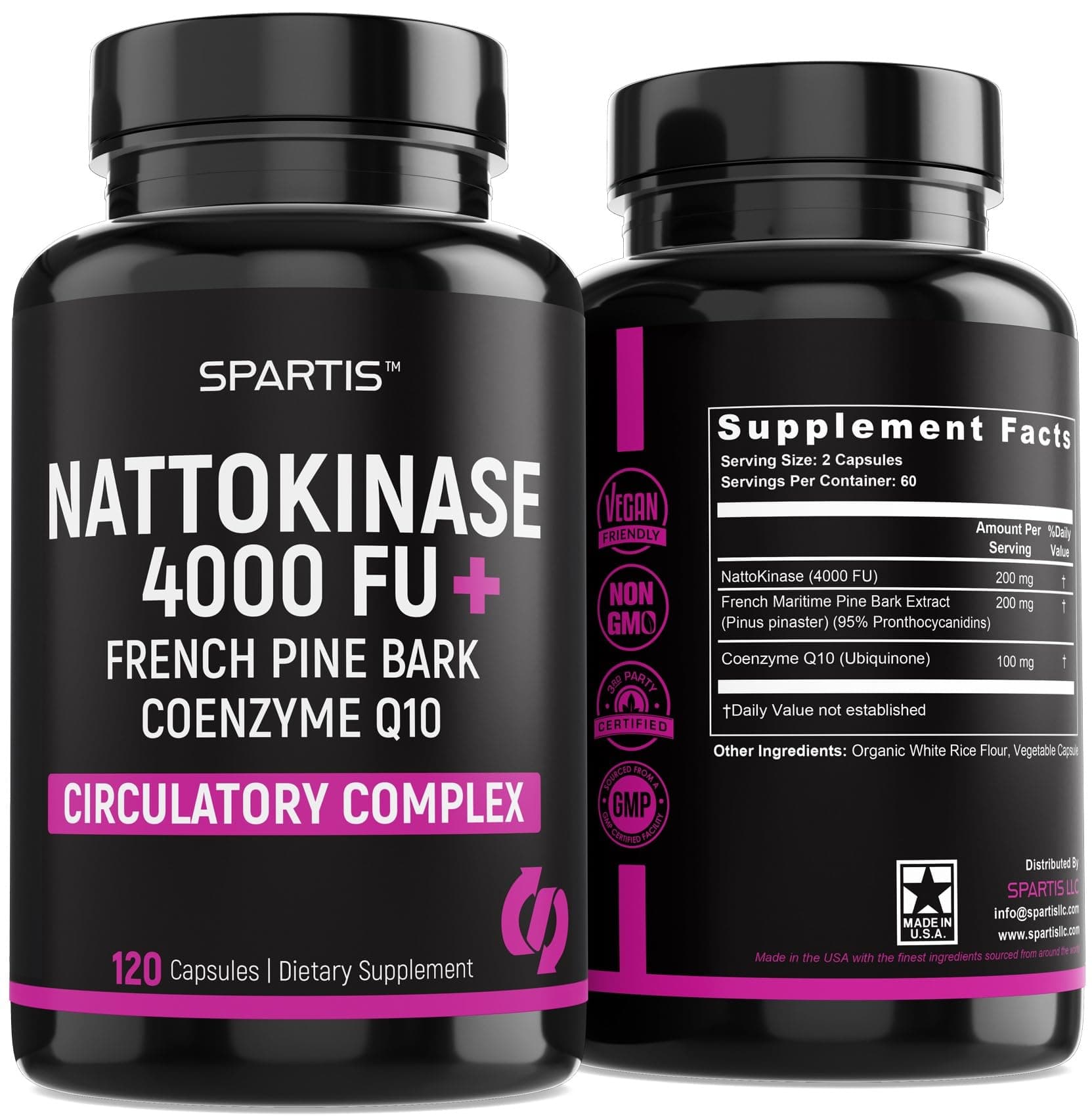 - Nattokinase Supplement 4000 FU CoQ10 100mg French Maritime Pine Bark Extract 200mg with Enzymes for Circulatory & Cardiovascular Support (Pack of 1 at 120-Caps)