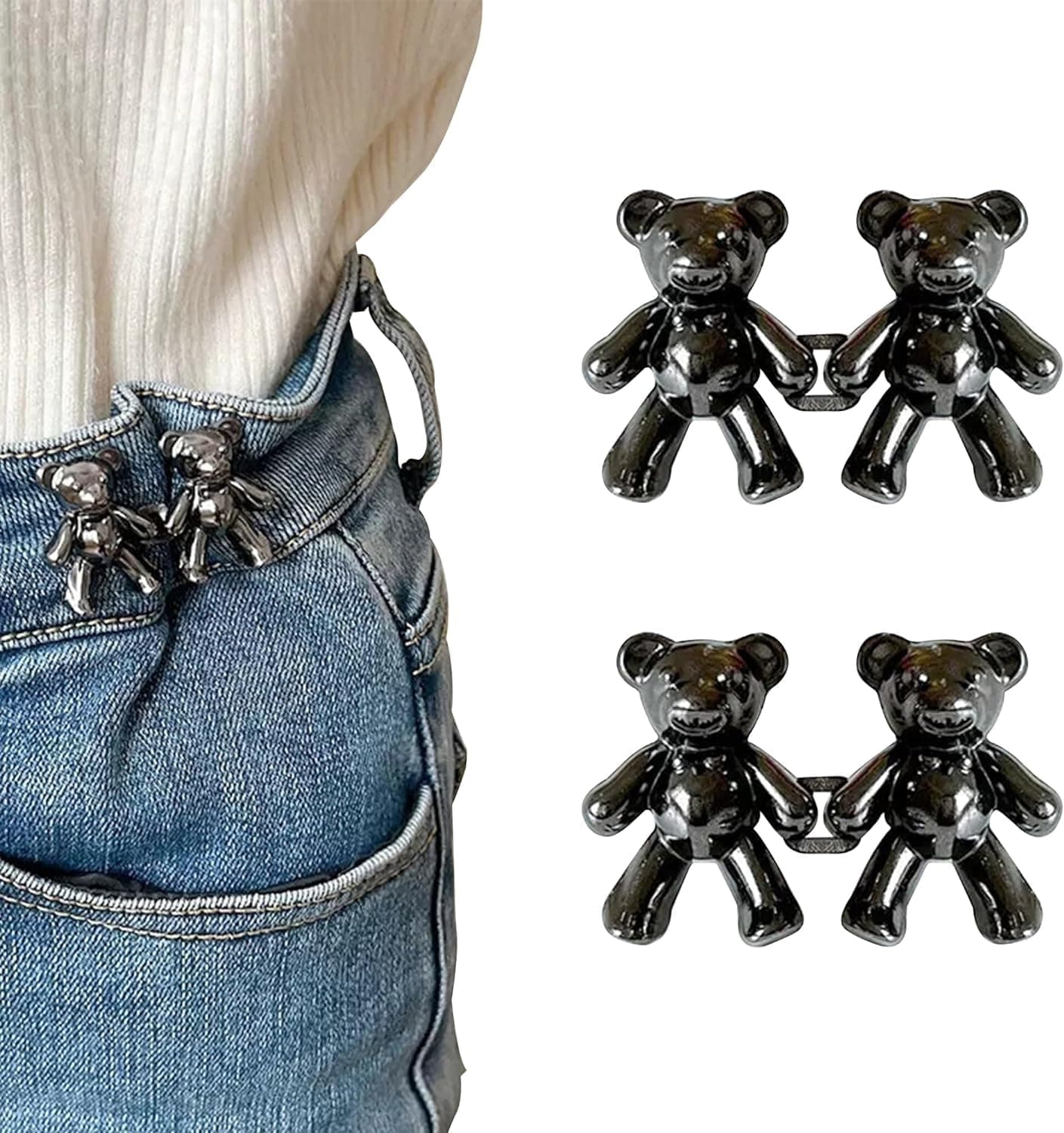 DROPOSALE Cute Bear Jeans Button Pins No Sew Detachable Waist Body Fit Tighten Buckles Perfect Girl's Gifts for Women Skirt Pant Jeans, Metal Pack Of 1 Pair (Black)