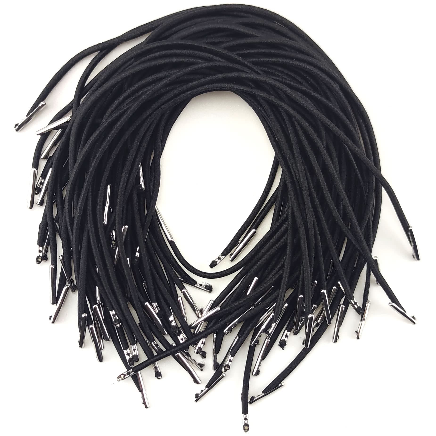 50 Pcs Black Elastic Barbed Cord 25cm 9.8 inch Stretch Loop Band String with Metal Ends for Hats, DIY Signs and Badges